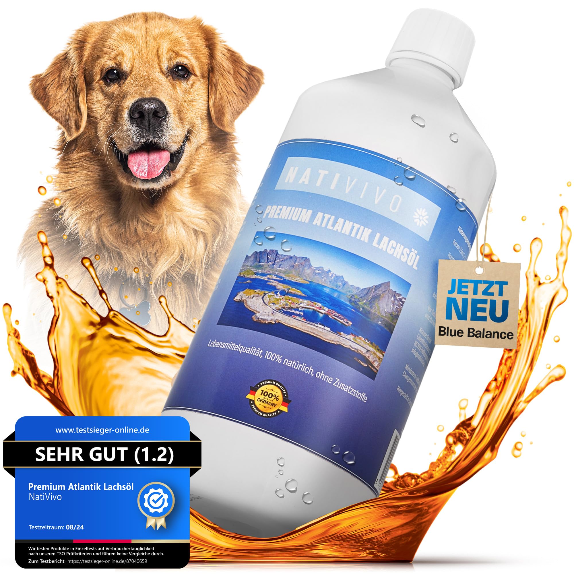 NatiVivo Premium Lachsöl 1000ml – hochwertiges Fischöl für Hunde, Katzen & Pferde – reich an Omega 3 & 6 Fettsäuren – naturbelassenes Barföl für Hunde