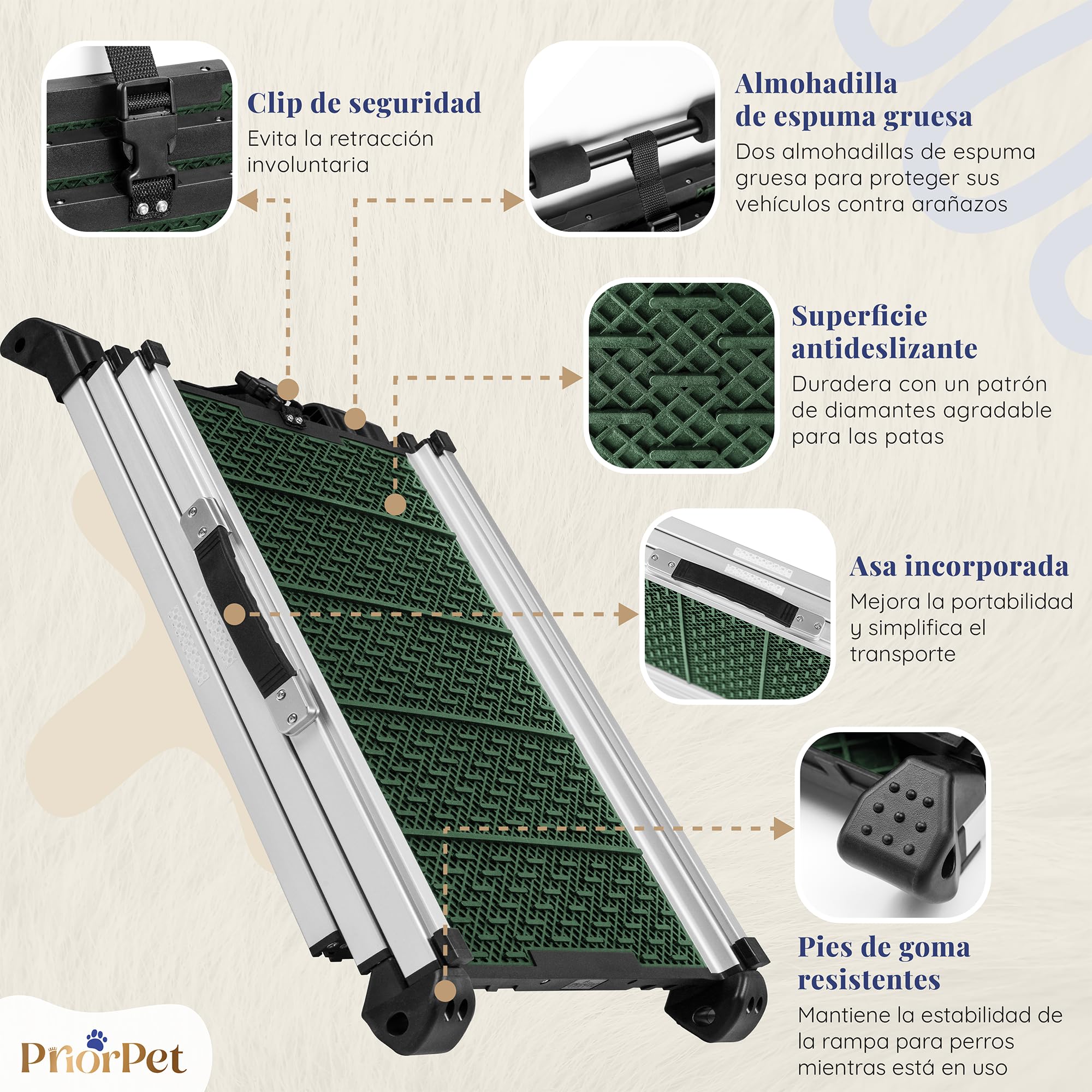 Rampa para Perros para Coche - Estable - Antideslizante - 90 kg de Capacidad - Rampas Extensibles para Perros Grandes - Laterales Reflectantes - Escalera Ligera para Perros - Clip de fijación - Verde