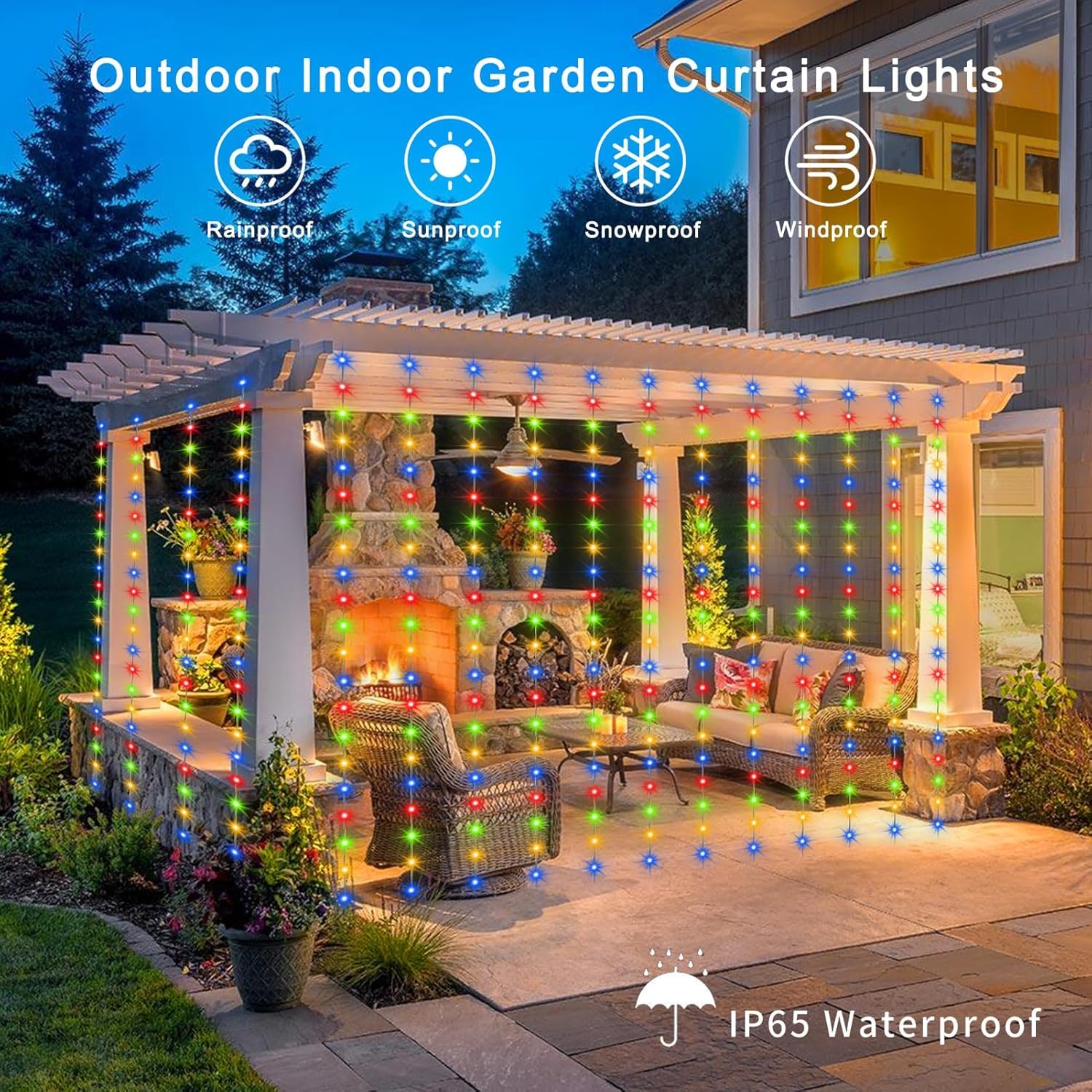 DBFAIRY Solar Curtain Lights 2.4M x 1.8M 144 LED Curtain Lights Outdoor Waterproof with Timer 8 Modes for Garden Patio Fence Gazebo Decor (Multicolour) - Image 2