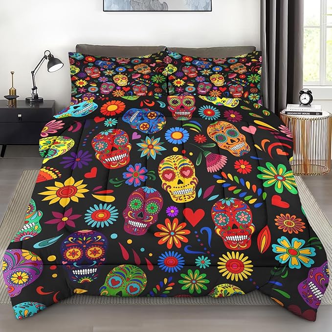 Comforter Set Full Size, Dead Sugar Skull Mexican Soft 3 Pcs Bedding for Kids and Adults, Aztec Flower Comforter Set with 2 Pillowcases, for Bedroom Bed Decor