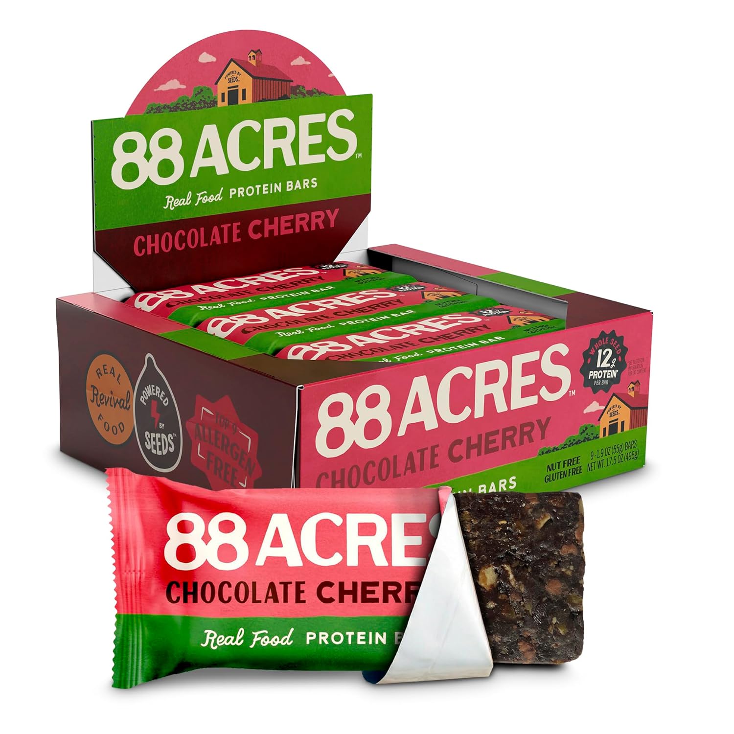88 Acres Seed Protein Bars, Chocolate Cherry, 9 Count, 12g Plant-Based Protein, Gluten Free, Nut Free, School Safe Snack Bar, Vegan, Non-GMO, Individually Wrapped