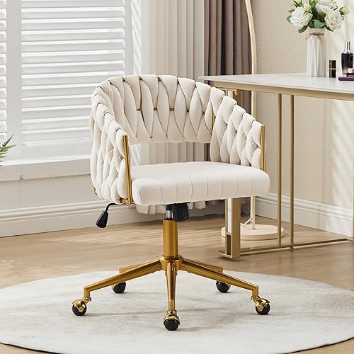 Miniatura 3 de ABET Silla de escritorio con ruedas, silla de terciopelo para oficina en casa, sillón giratorio con base dorada, inclinación trasera ajustable,