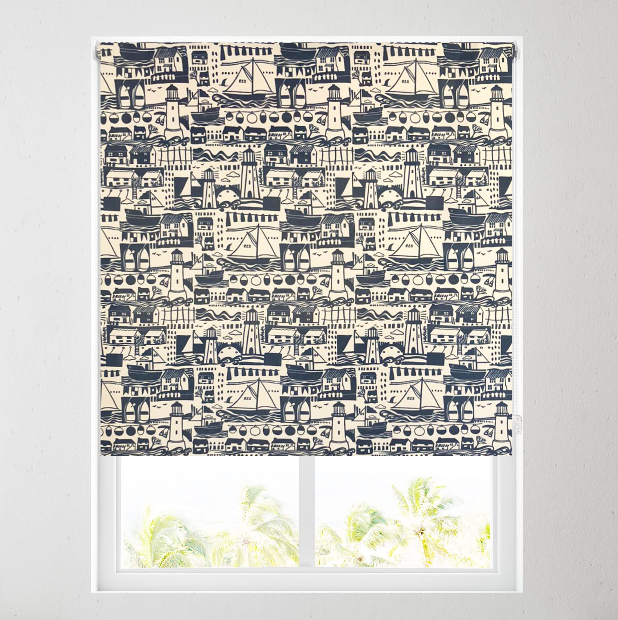 Barnes Blinds And Interiors Grey Navy Blue Boats & Lighthouse Daylight Roller Blind - Free Cut To Size (3Ft (91.5Cm))