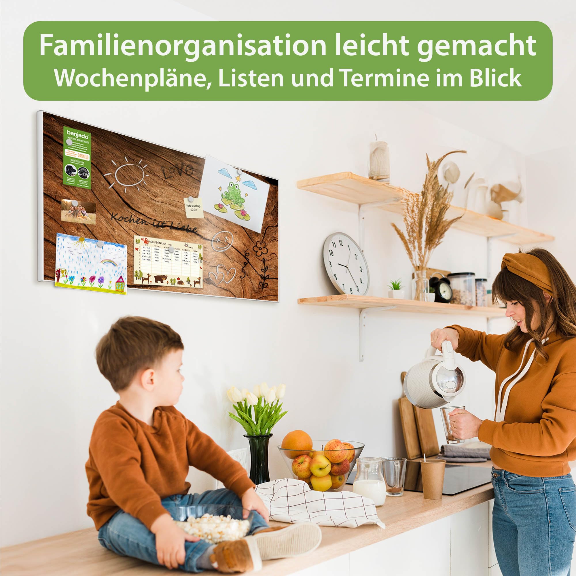 banjado Magnettafel Metall 78 x 37cm - beschreibbare Magnettafel - Metall Pinnwand als Memoboard - Magnetwand Küche, Büro, Kinderzimmer Weiß inkl. 4 Magnete & Montageset - Motiv Trockenes Holz