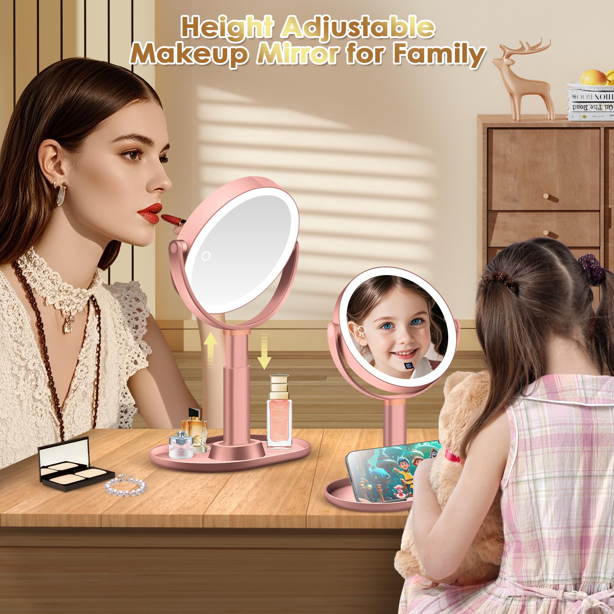 MIYADIVA Espejo de maquillaje con luces, espejo de aumento 30X/1X con pantalla digital, espejos de mesa de altura ajustable, desmontable para viajes, espejos de tocador con soportes para teléfono, oro