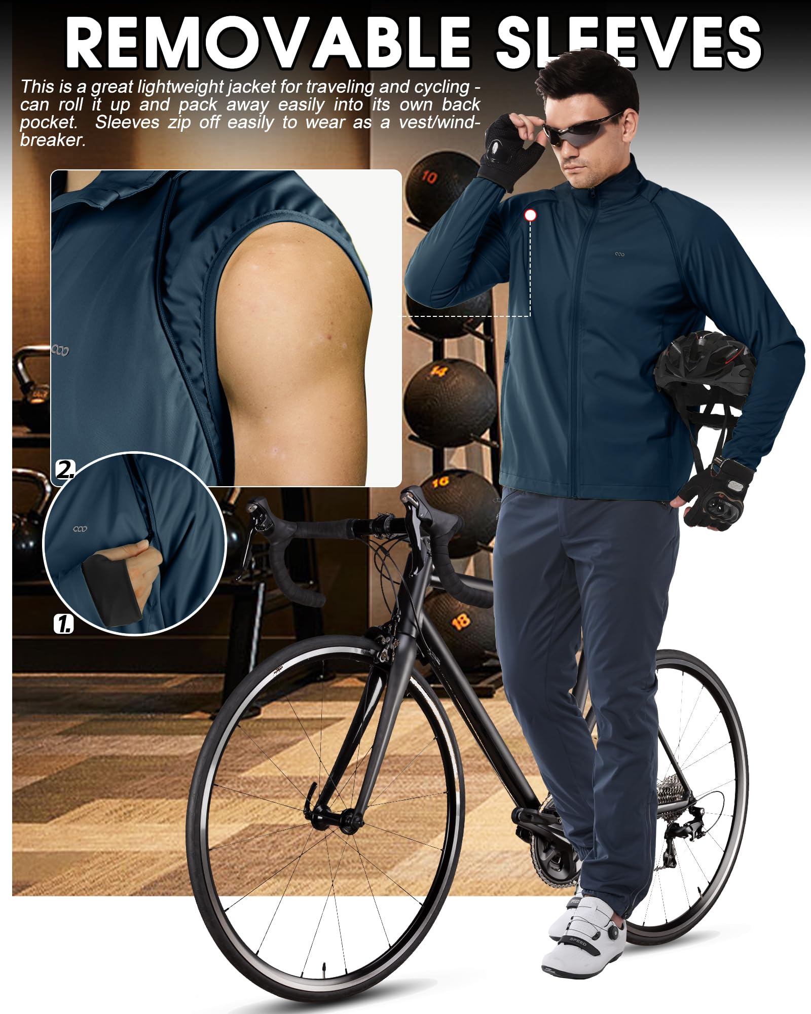 Veste de cyclisme imperméable homme 33,000ft manches amovibles réfléchissante protection UV pliable