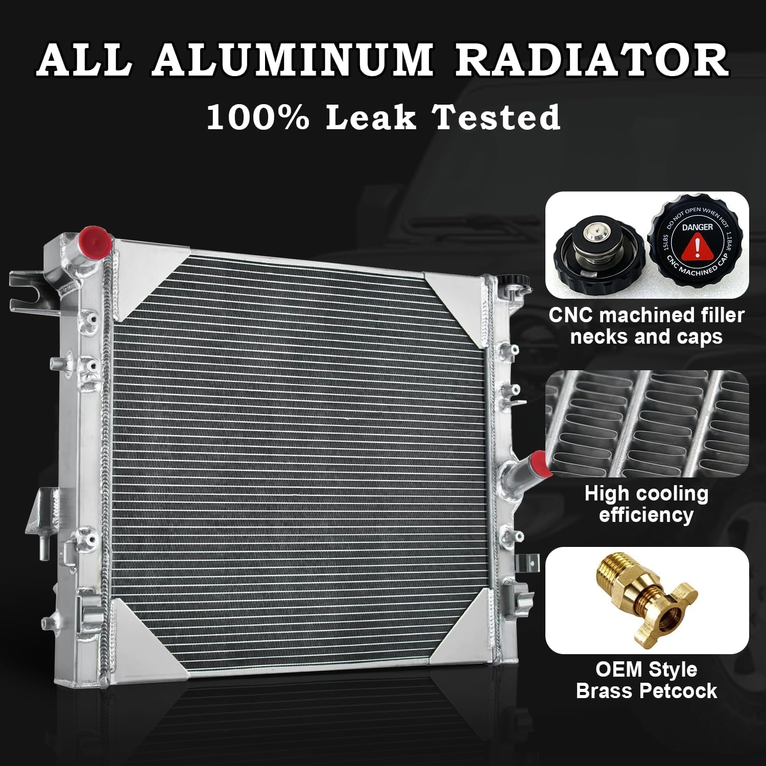 Aluminum Radiator Replacement for 2007-2018 Jeep Wrangler JK JKU 3.6L 3.8L,2007-2018 Unlimited Sahara Unlimited Rubicon Jeep Replacement Engine Radiators 1 Row Radiator with CNC Cap