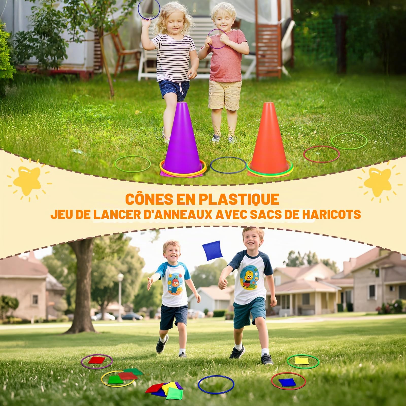 CWLAKON Jeu de Kermesse Extérieur 53 Pièces avec 5 Activités, Balles Sauteuses, Course à l‘Œuf, Lancer d‘Anneaux pour Anniversaire, Fête de Jardin et Rassemblements Familiaux