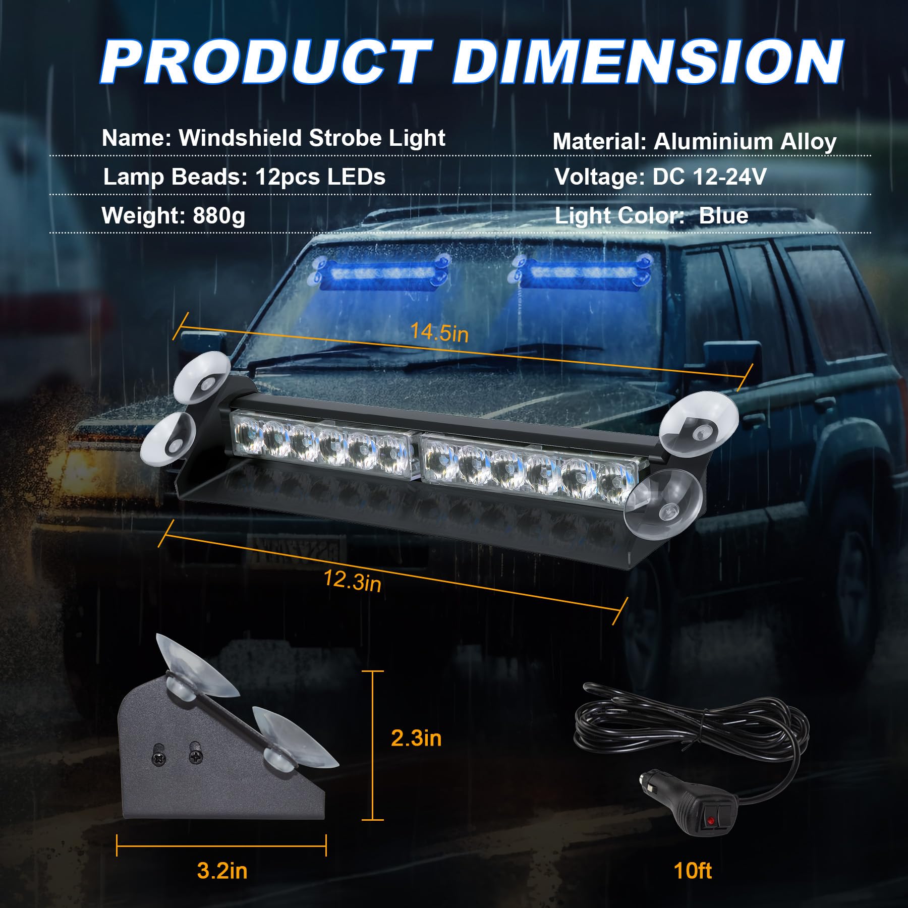 Barre Lumineuse Stroboscopique LED 15 Modes 35,6 Cm Pour Voiture - Aimantée Avec Ventouses, 12-24V