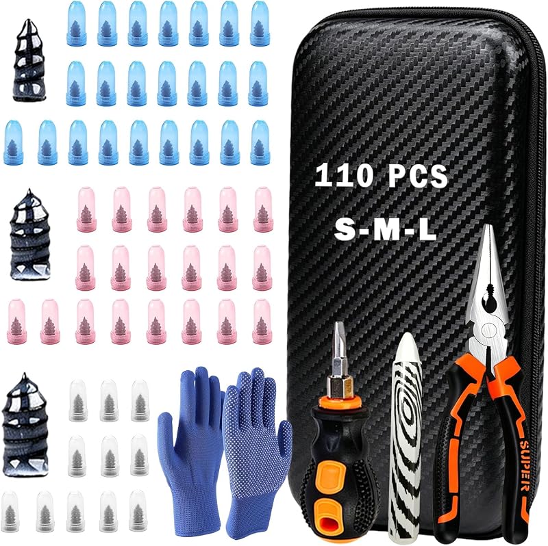 Tire Plug Kit, 110PCS Tire Repair Kit with Tire Plugs Screw Type in 3 Sizes | No Separate Glue or Tire Removal Needed, For Tubeless Tire Tread Punctures, Includes Pliers, Screwdriver, Gloves & Bag