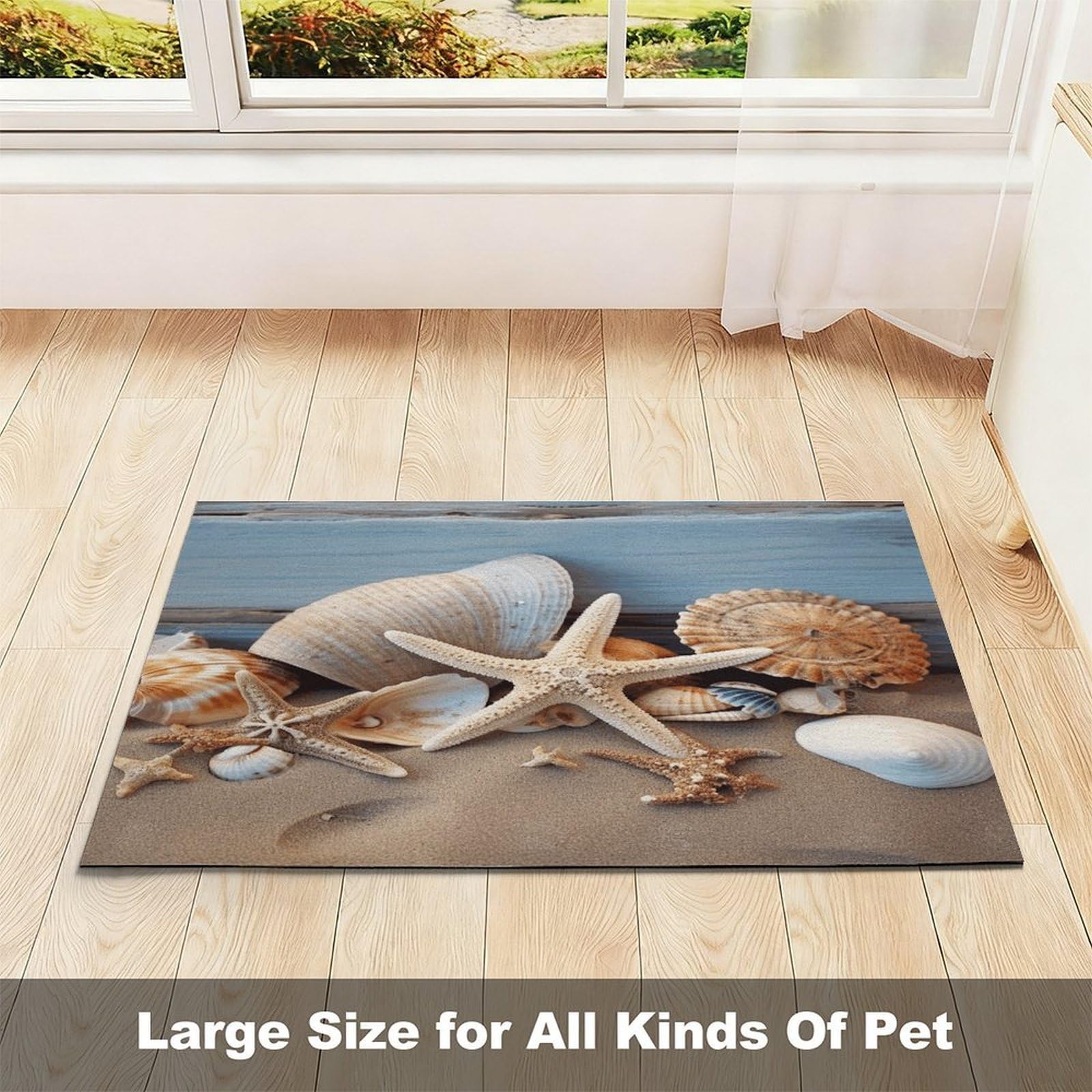 Tapis de nourriture pour chat en forme d'étoile de mer et de coquillages - Antidérapant - Facile à nettoyer pour la nourriture et l'eau - 43,2 x 76,2 cm