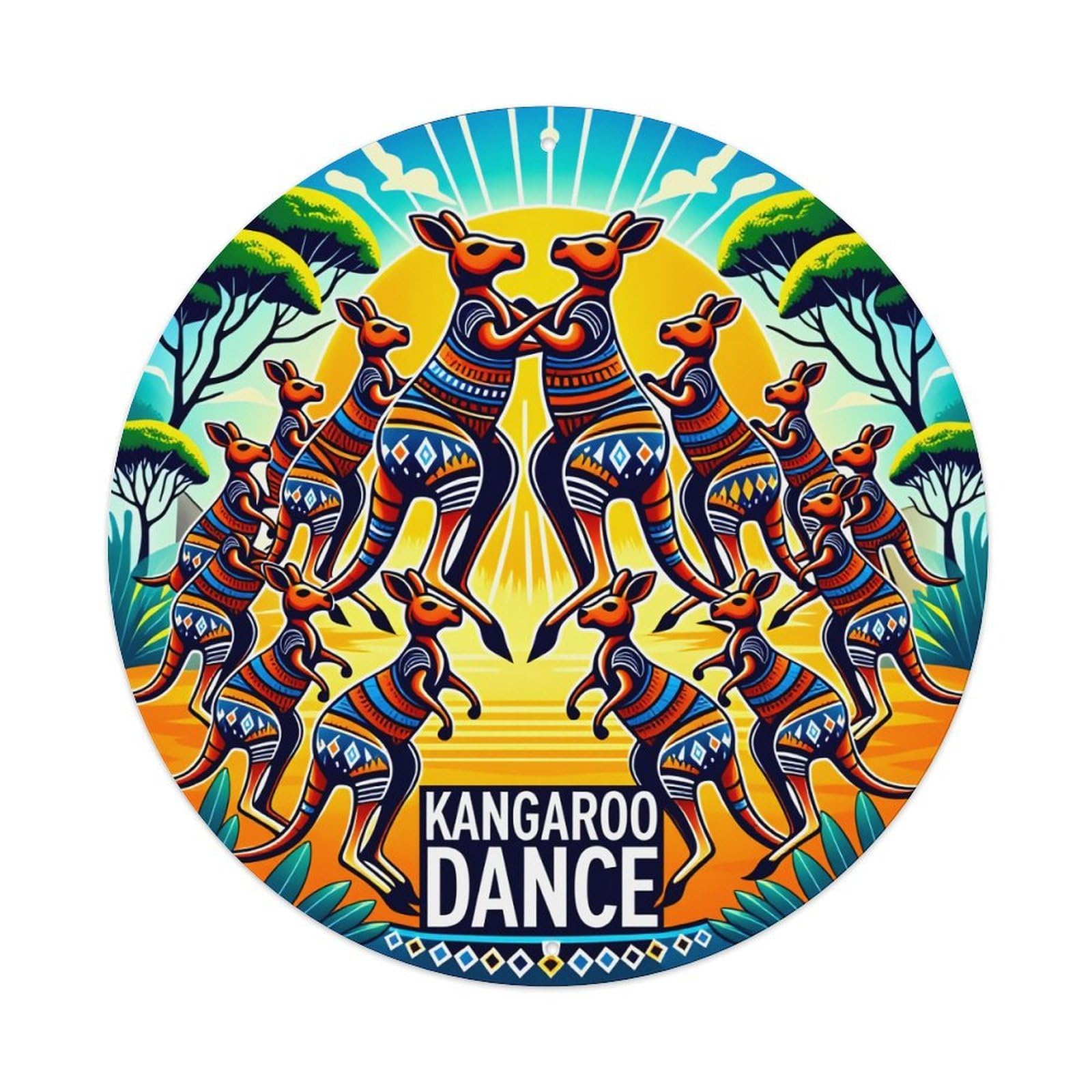 Wmlzdnwr Vintage Kangaroo Dance Pattern With Tribal Designs And Vibrant Colors Round Tin Sign,Retro Wall Art,Metal Poster For Home, Bar, Garage, Cafe, Rustic Indoor & Outdoor Decor, 8X8 Inches