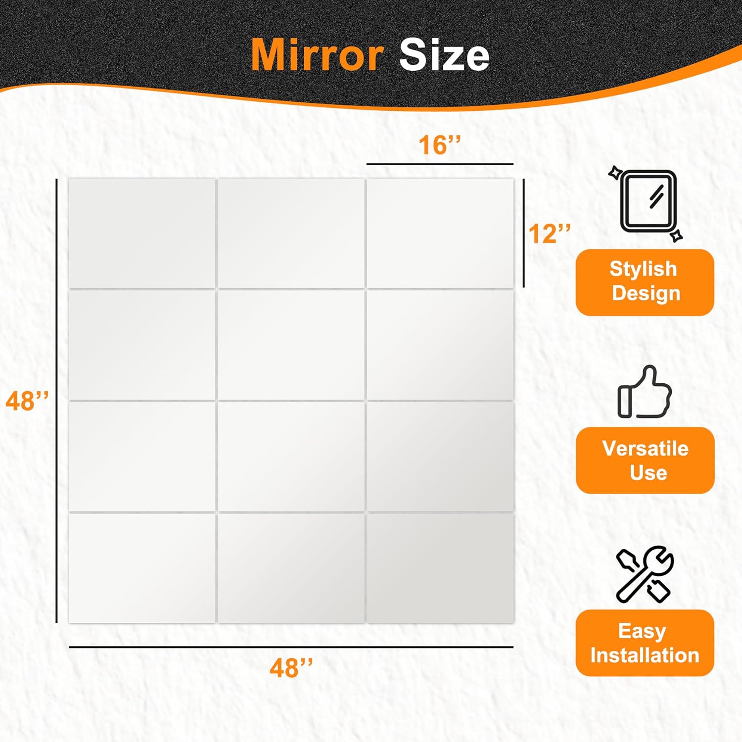 Delma Frameless Mirror Tiles 16"x12"x12 Pcs Wall Mounted, Shatter Resistant Full Length Tempered Glass Panels for Home Gym Bathroom Bedroom & Living Room Decor