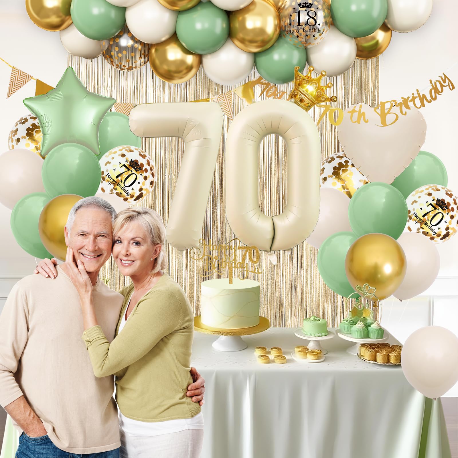 Dekoracje na 70. urodziny dla kobiet mężczyzn, szałwia, zielony, złoty, dekoracje na 70. urodziny, balony urodzinowe, baner urodzinowy, ozdoba na tort, zasłona z frędzlami dla 70 lat, dekoracja na