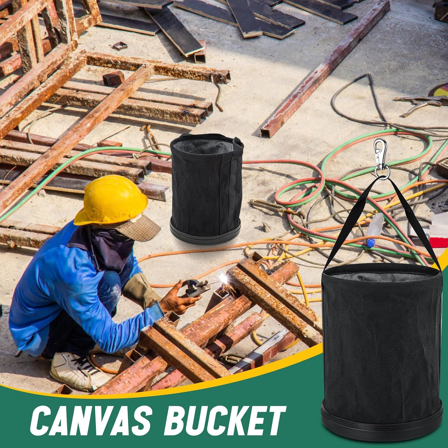 2 Pack Canvas Tool Bucket Bag 15" x 12" All-purpose Bucket Tool Organizer with Plastic Bottom Metal Hook for Lineman Organizing Accessories (Black)