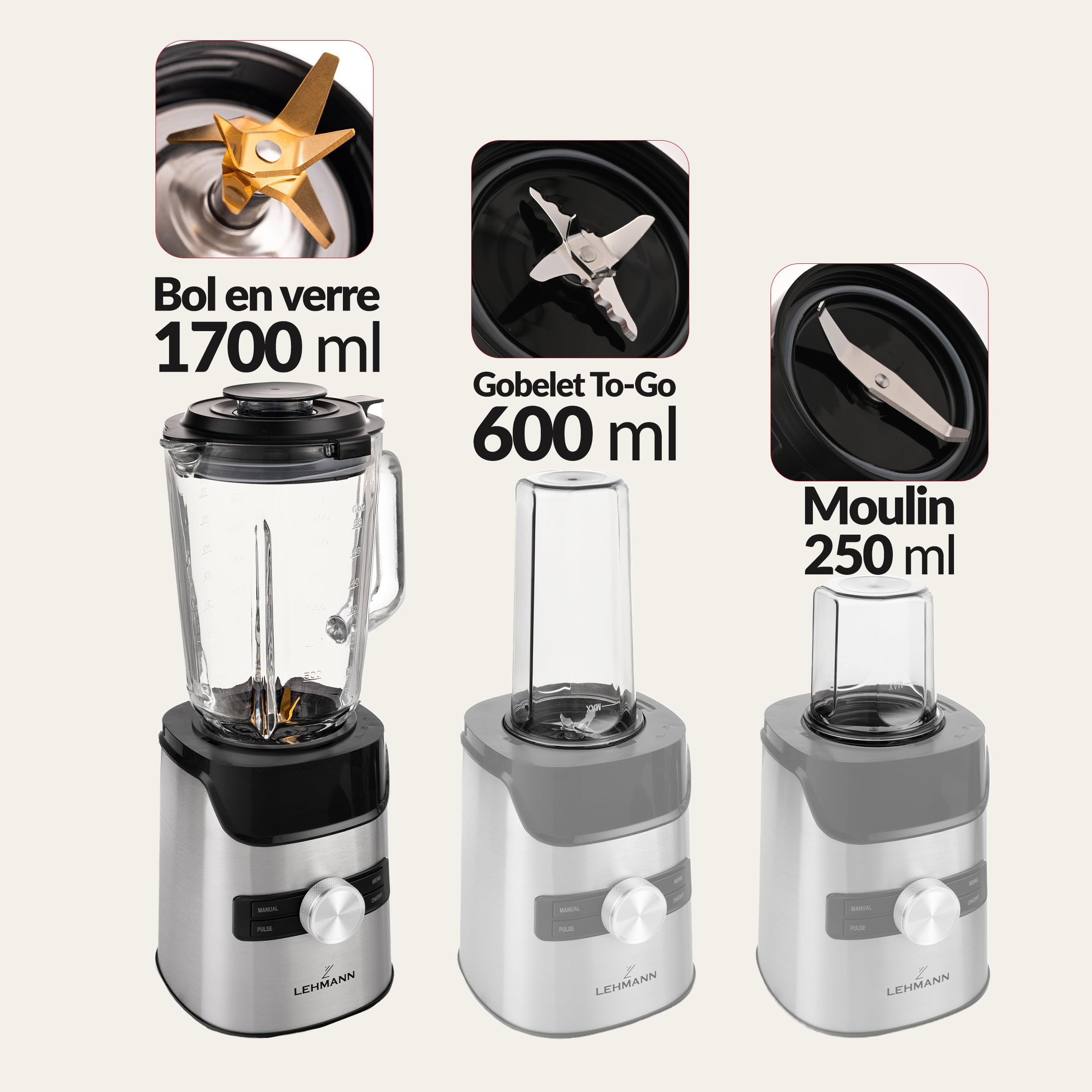 LEHMANN Blender avec Bol en Verre 1,7 L, 10 Vitesse Ajustable, Pulse et 3 Programmes - Smoothie, Milkshake, Glace Pilée, Nettoyage Facile, Bouteille Blend & Go et Moulin sans BPA, 1400 W, Argent