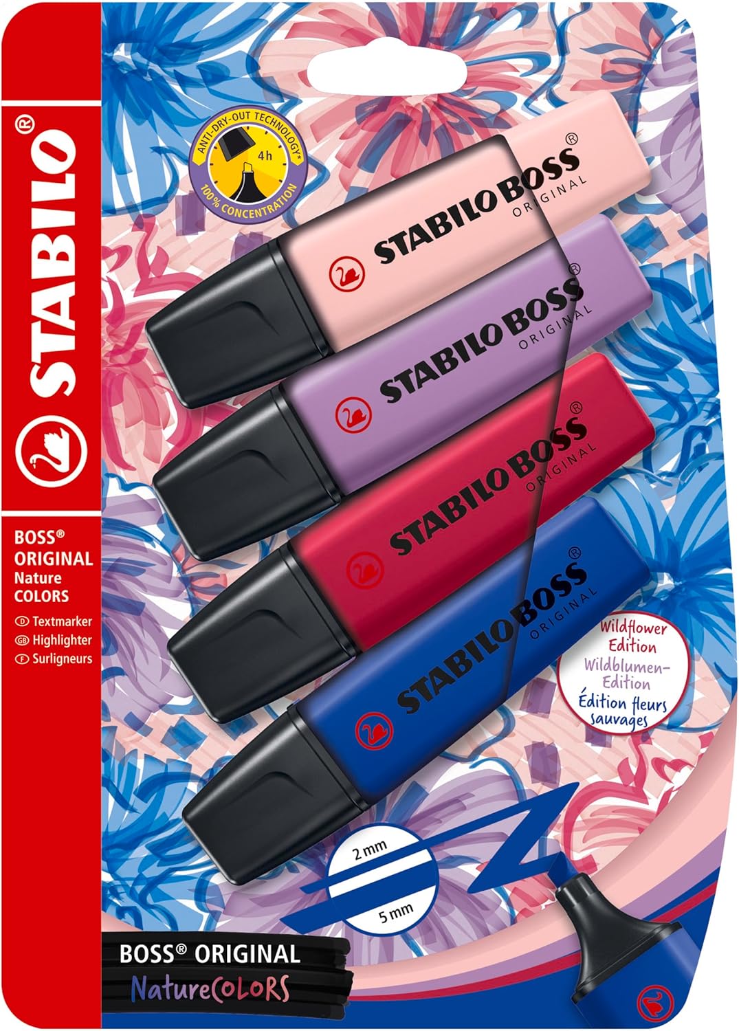 STABILO Boss Original NatureColors Wildflower Edition Highlighter Blister Pack of 4 Highlighters Peony Pink, Thistle Blue, Wisteria Purple, Dahlia Red
