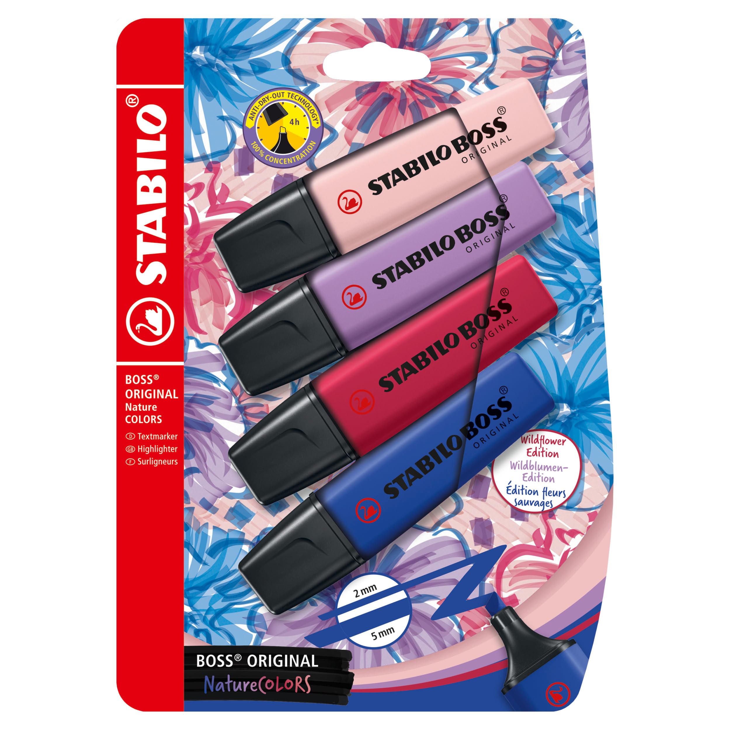 STABILO BOSS ORIGINAL NatureCOLORS Wildflower - Highlighter - Pack of 4 - Blush, Burgundy, Grey Violet and Ultramarine