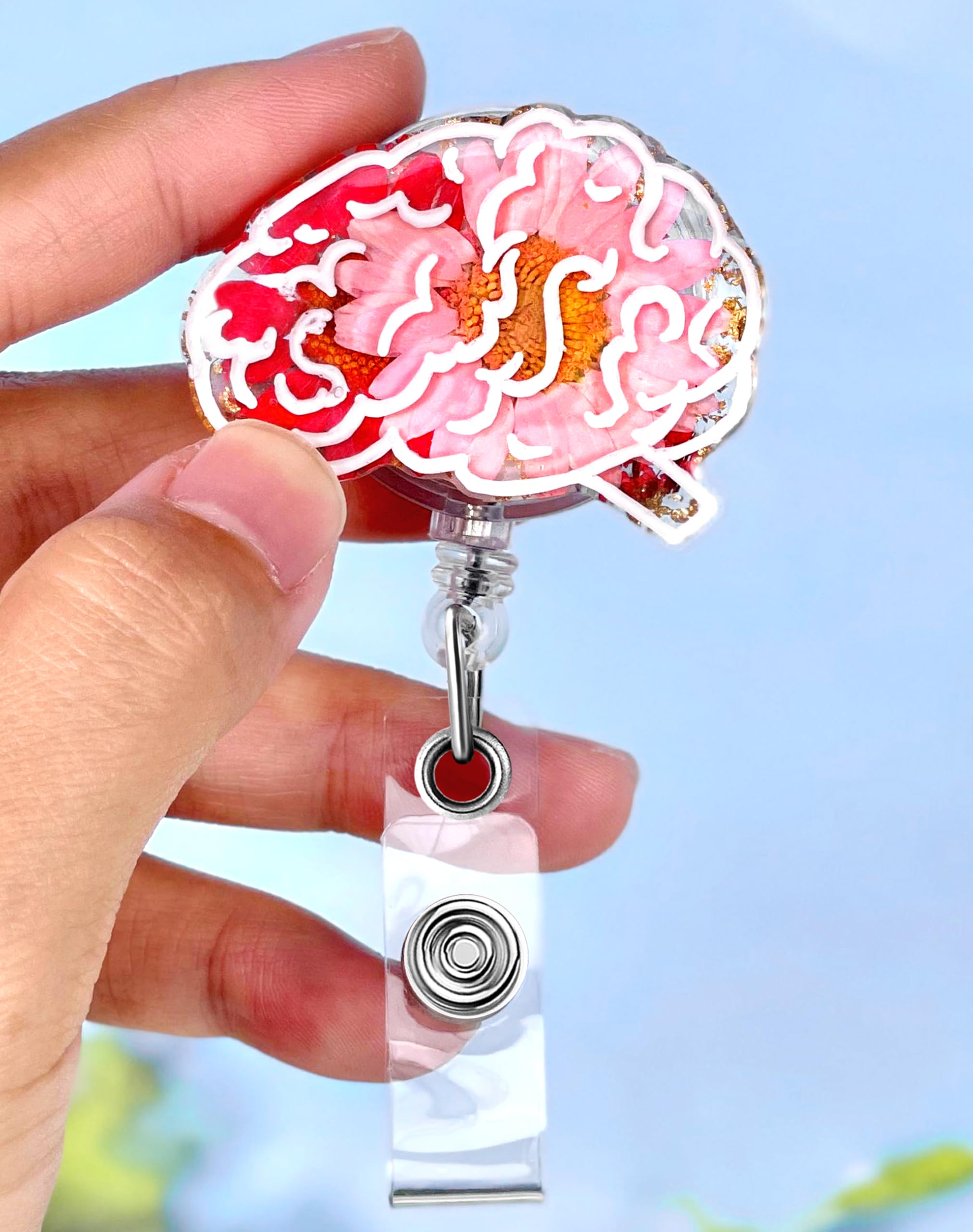 Plifal Brain Dried Flower Badge Reel Holder Retractable with ID Clip for Nurse Nursing - Resin Floral Name Tag Card Accessories Alligator Clip for