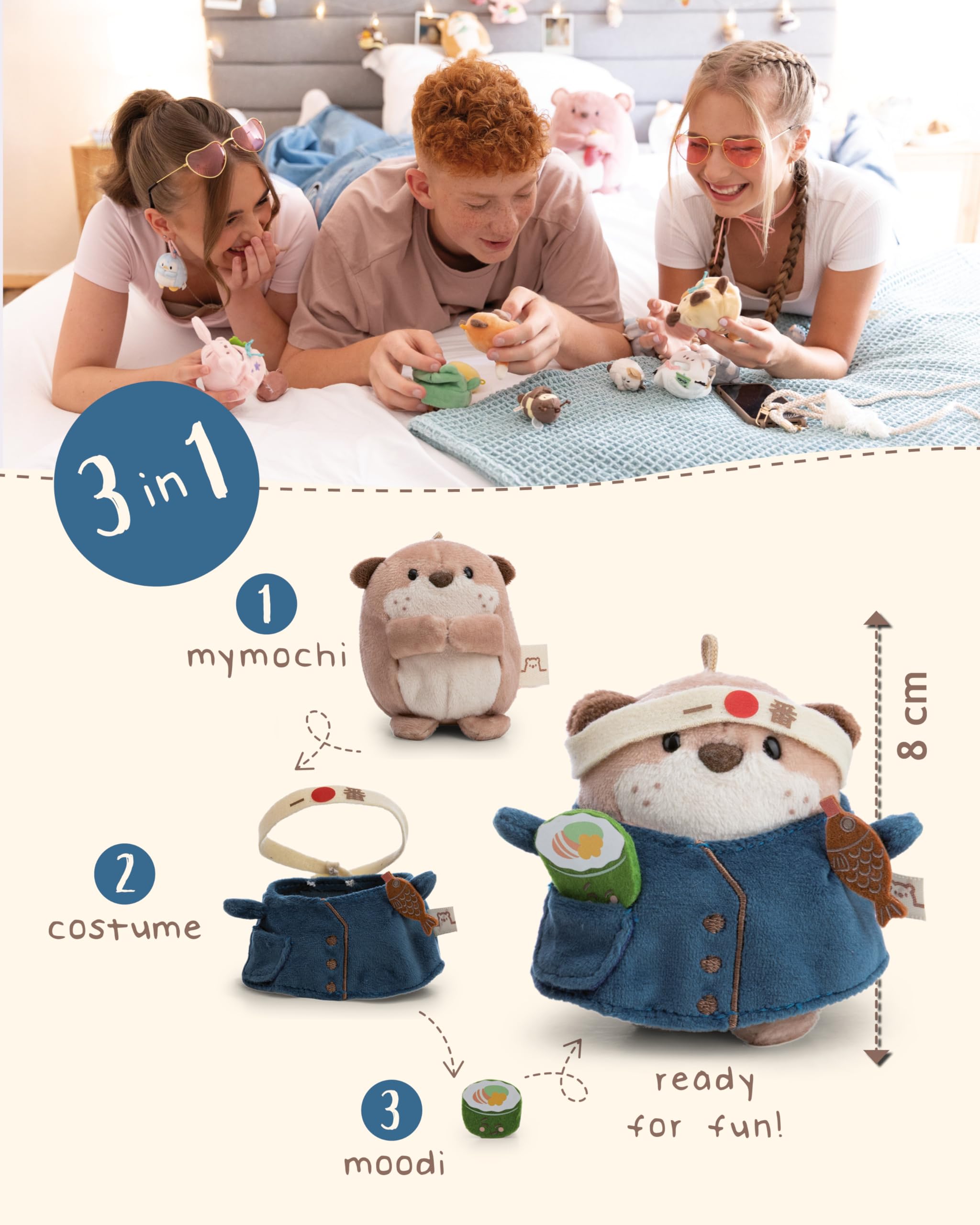 NICI Set Peluche Nutria Jiro 8 cm con Sushi y Disfraz de Cocinero en Caja de Regalo 8,5 x 6,5 x 10 cm, marrón, Diseño Kawaii, Accesorios mymochi de Moda para niños y Adultos - 62906