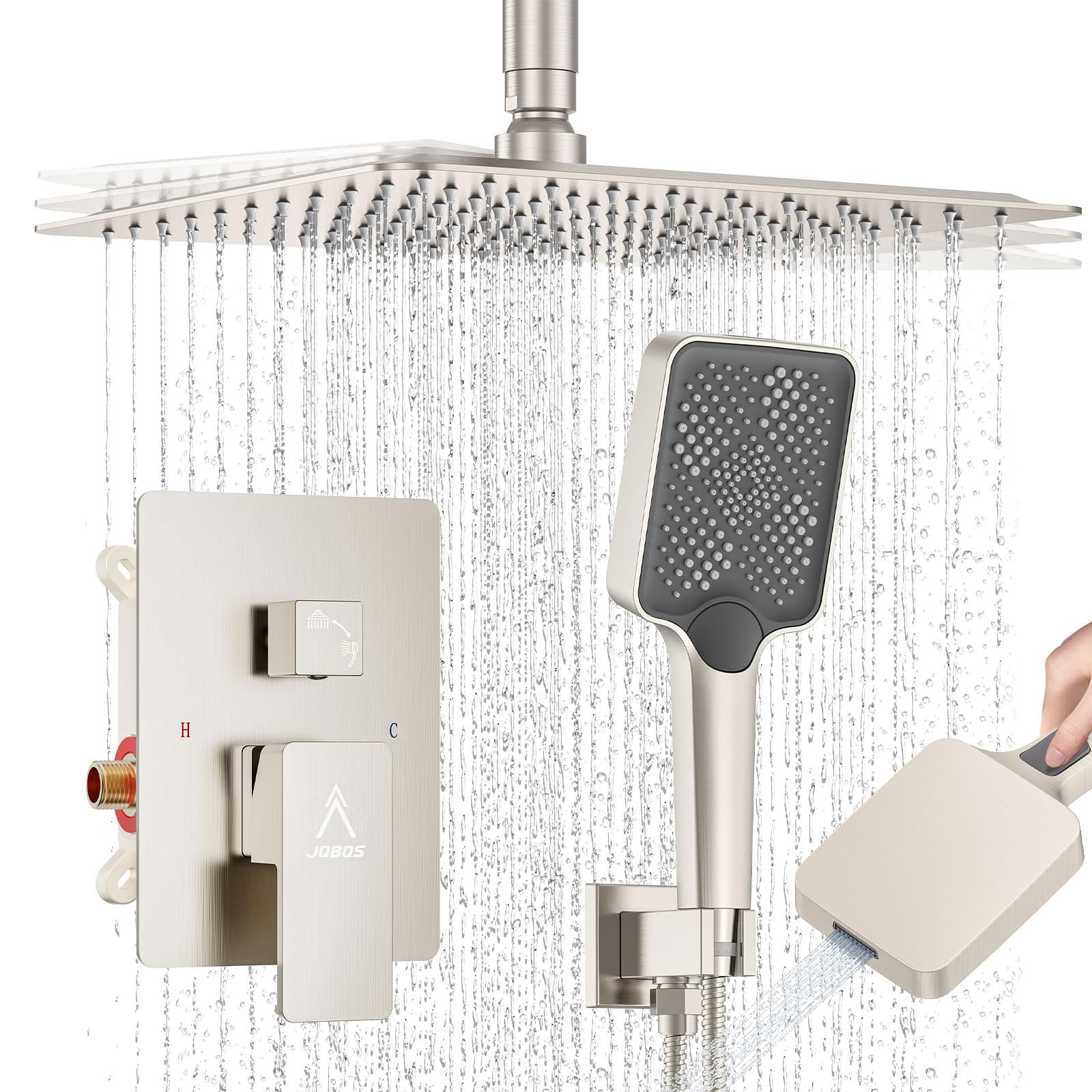 Set sistema doccia moderno a pioggia, rubinetto in ottone 30 cm con valvola e deviatore, miscelatore con doccino ad alta pressione, valvola quadrata a pioggia, 30 cm, a soffitto, nichel