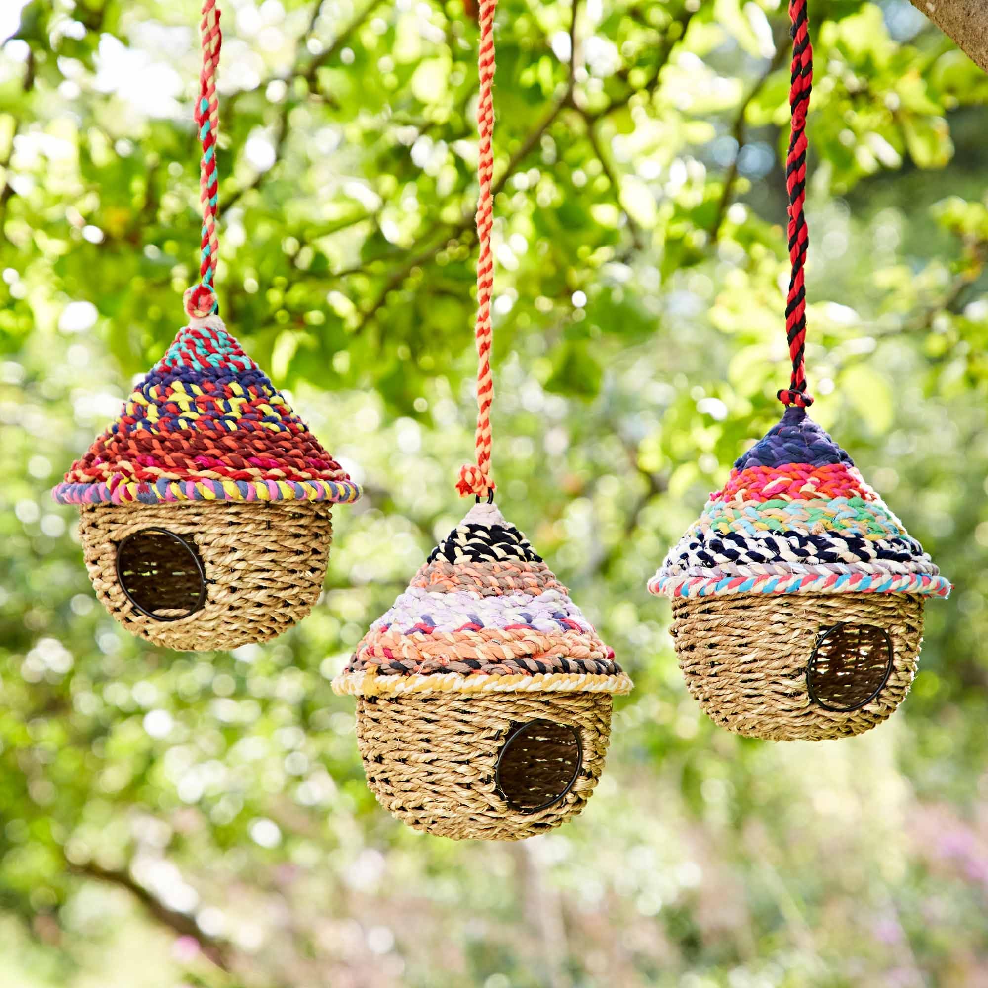 Round Recycled Cotton Birdhouse - Handmade Bird Nester/Nest Box - Fair Trade Artisan - Recycled Metal, Cotton and Jute