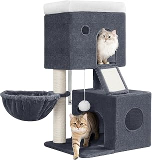 Kratzbaum Klein, 82 cm Hoch Katzenkratzbaum, Katzenbaum Klein mit 2 Gemütlichen Höhlen, 1 Plattform, Korb, Sisal-Kratzbaum, Kratzbretter für Katzen, Pompons, Dunkelgrau FPMS002FG2