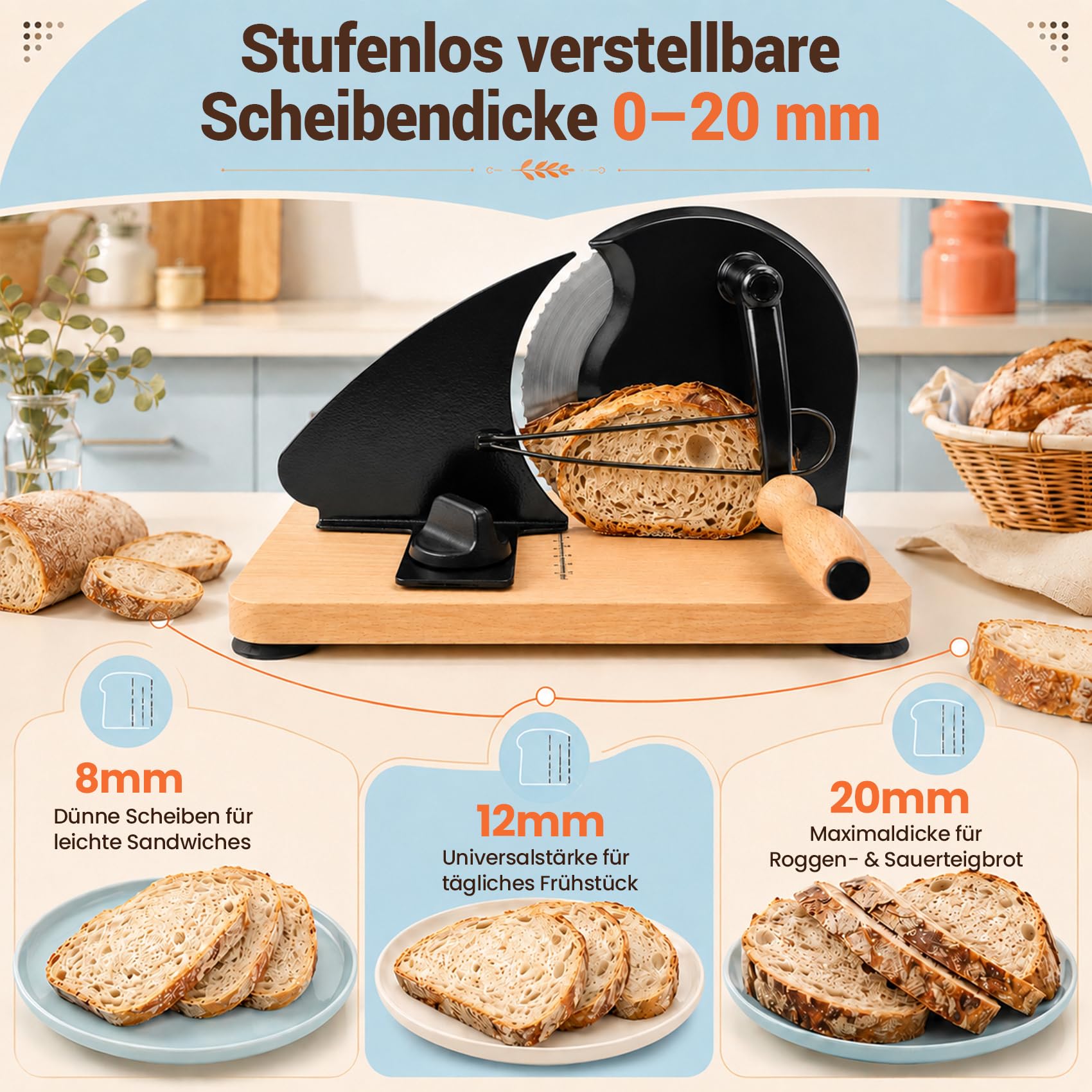 Brotschneidemaschine Manuelle mit Handkurbel | 0–20 mm einstellbare Scheibendicke | Edelstahlklinge mit Wellenschliff | rutschfeste Saugnäpfe | Für Sauerteig, Roggen, Toast & Baguette