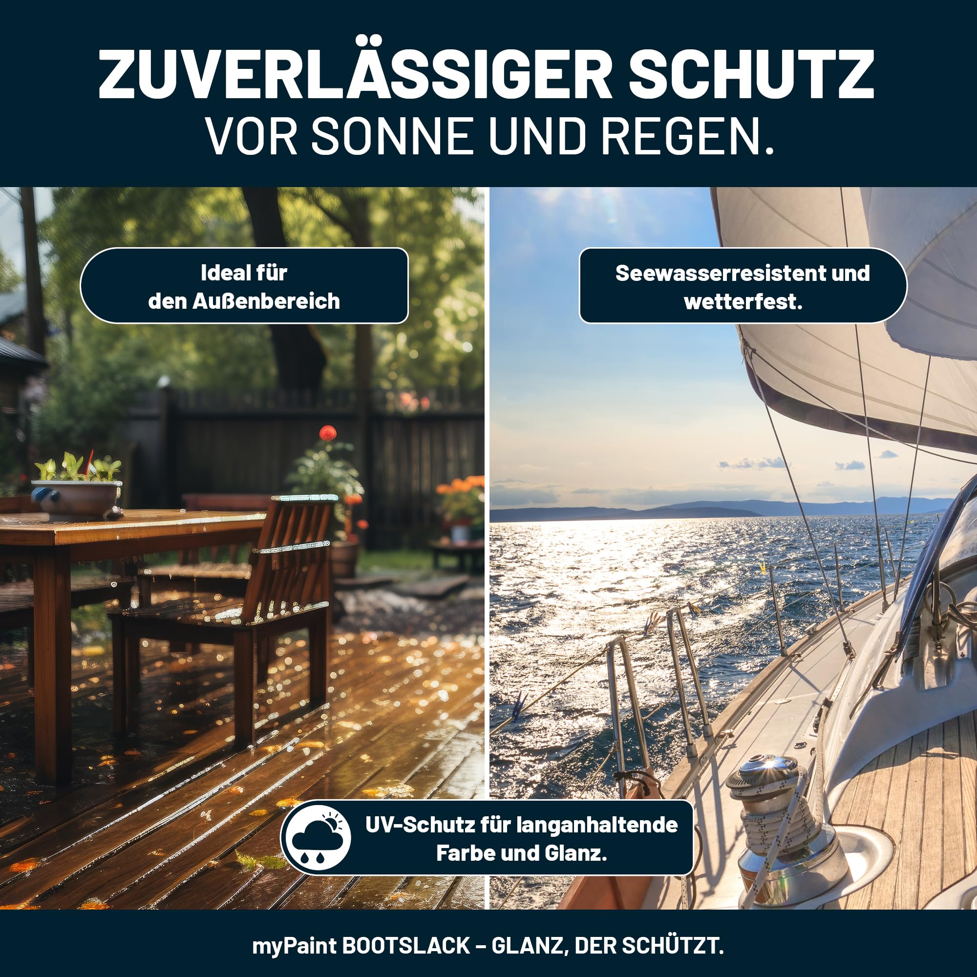 MyPaint Bootslack 750 ml - Weiß - Klarlack Holz außen wasserfest | Bootslack glänzend | langlebiger & wetterbeständiger Holzschutz für Boote, Fensterrahmen, Möbel & Gartenmöbel | UV-beständig