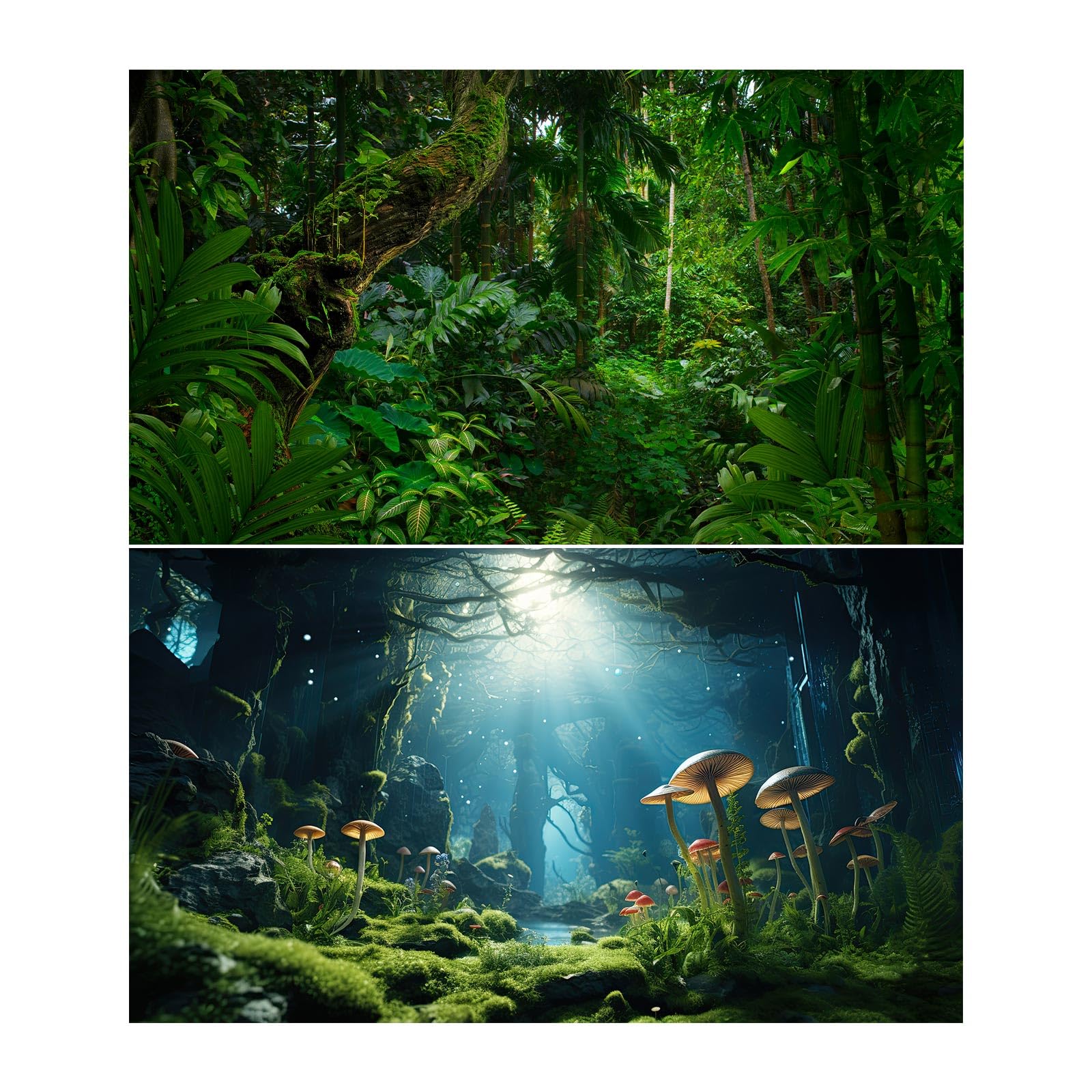 2 Packs Tropical Rainforest Aquarium Background Fantasy Forest Fish Tank Background Jungle Style Mushrooms Reptile Tank Backgrounds Stream Lake Green Leaves Reptile Enclosure Backgrounds 36x18in