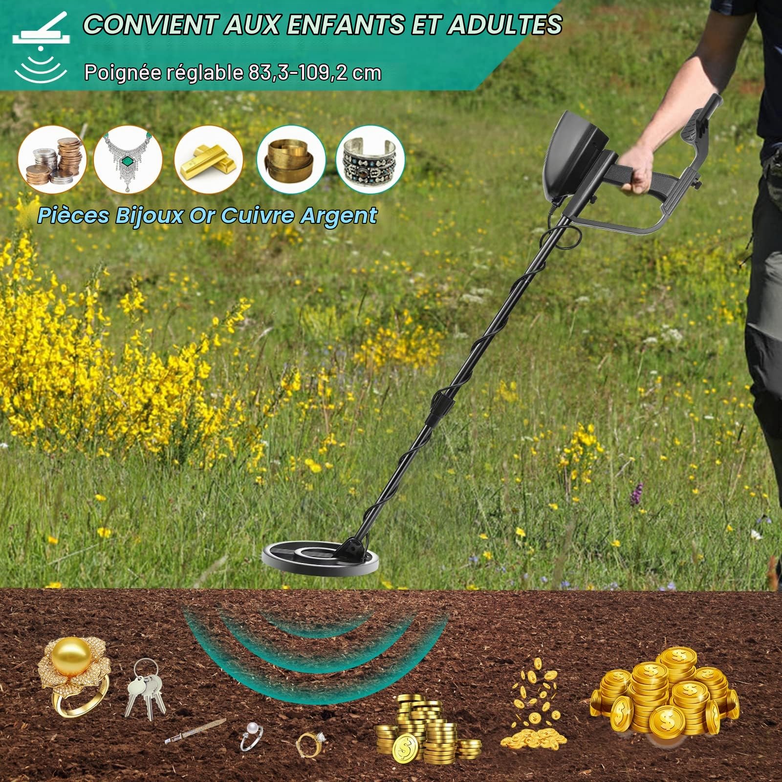 Détecteurs de Métaux Réglable Haute Précision Étanche 33-43 Pouces Détecteur de Métaux avec Affichage LCD pour Enfants et Adultes Détecteur d'or Profondeur de Détection 34 cm