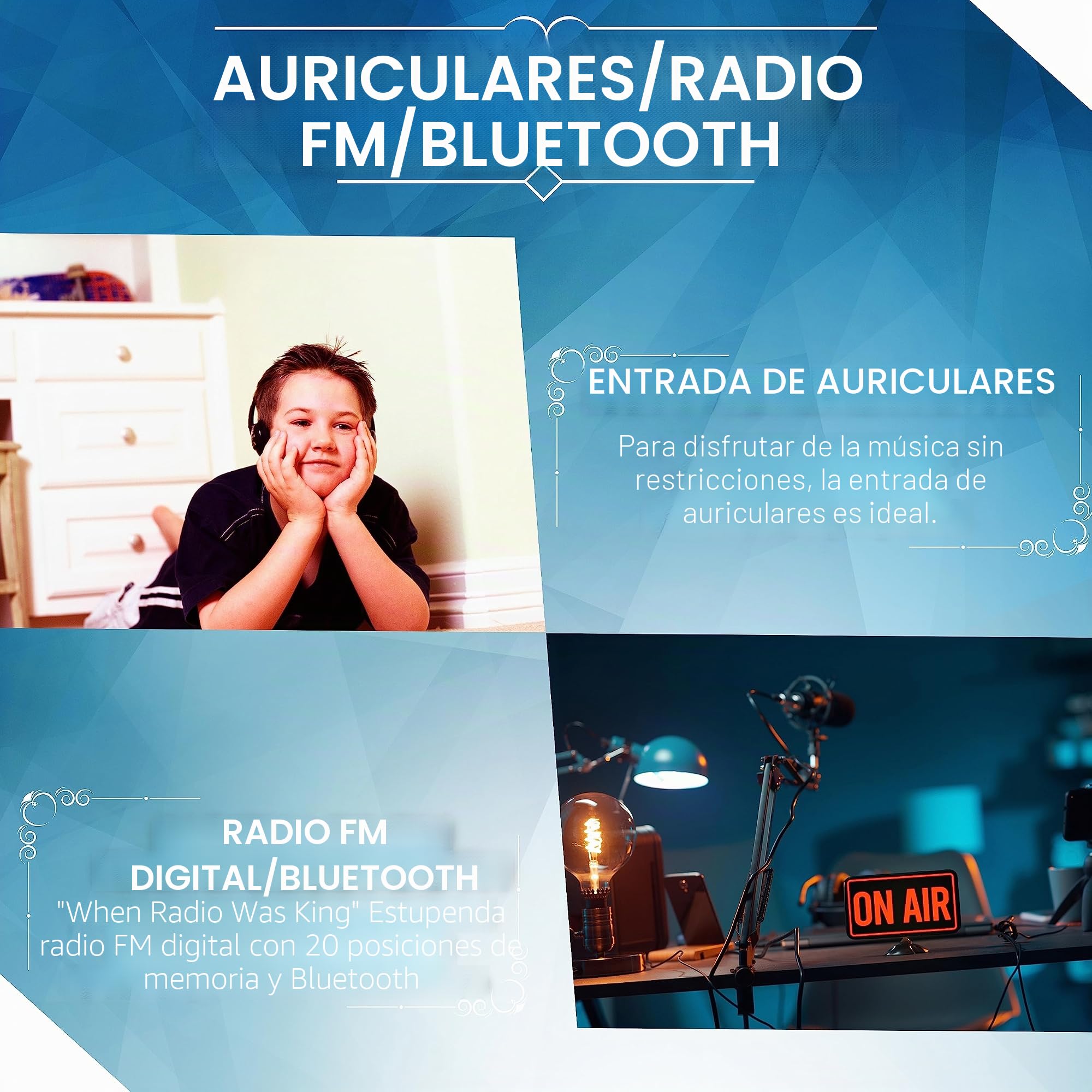 Reproductor de CD portátil Boombox CD/CD-R - USB - Radio FM - Entrada AUX - Toma para Auriculares - Reproductor de CD - Radio Infantil - CD - Canal estéreo - Sistema Compacto (Dark Blue)