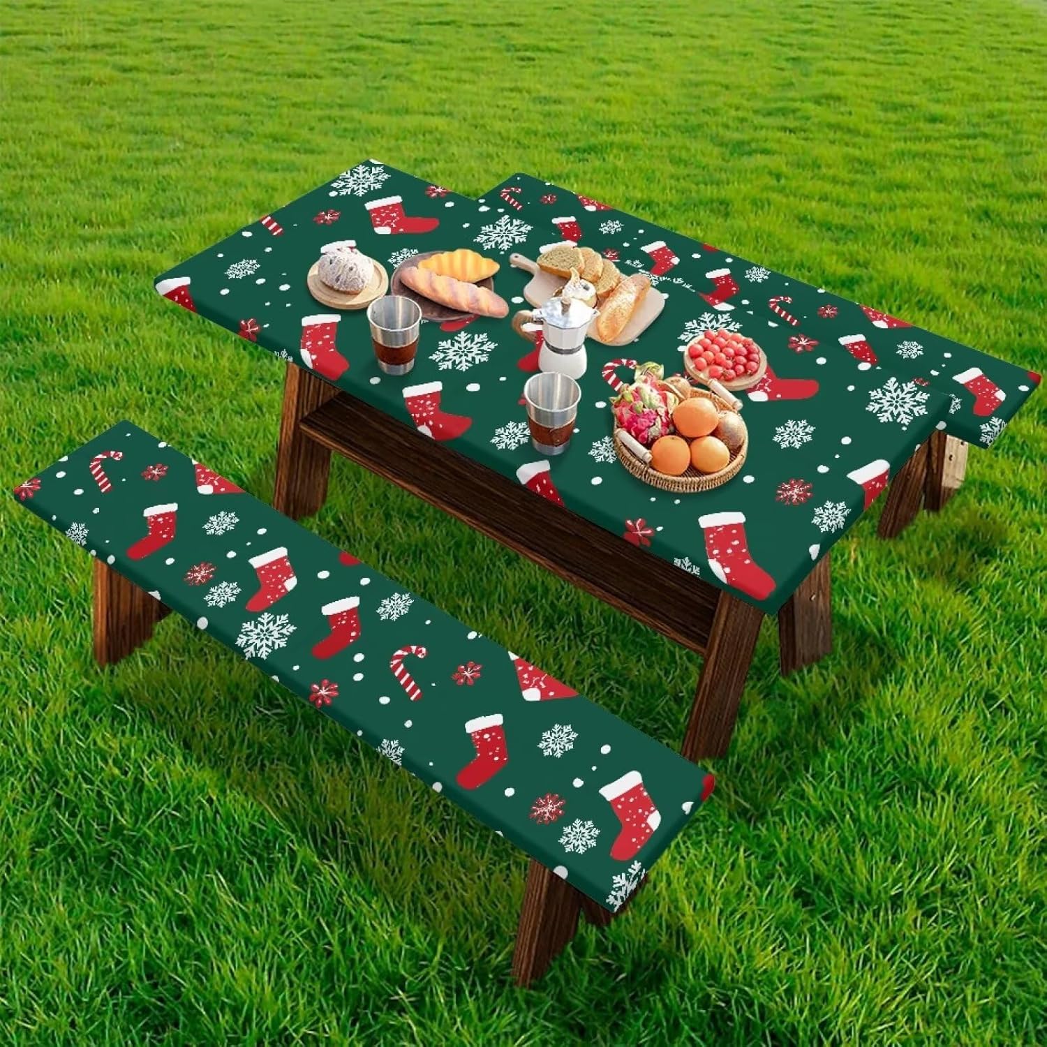 Camping Table Covers Lightweight Reusable Picnic Table and Bench Fitted Cover Elastic Edges Christmas Socks Candy Snowflakes Picnic Table Cover Travel Accessories