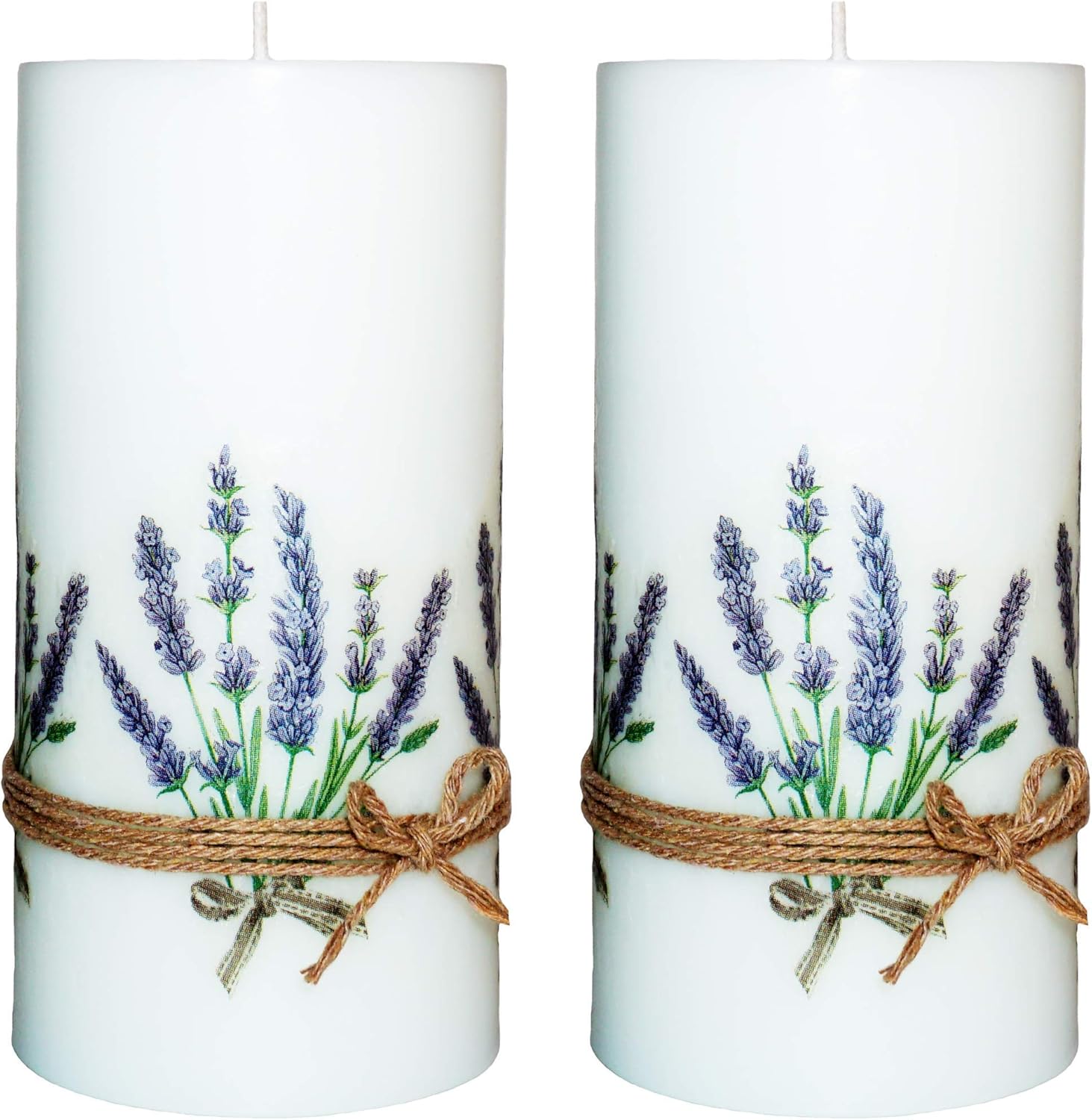 Lavender Pillar Candles Decoupage Set of 2-3x6 inch Unscented Scented 60 Hours Indoor Outdoor Decoration
