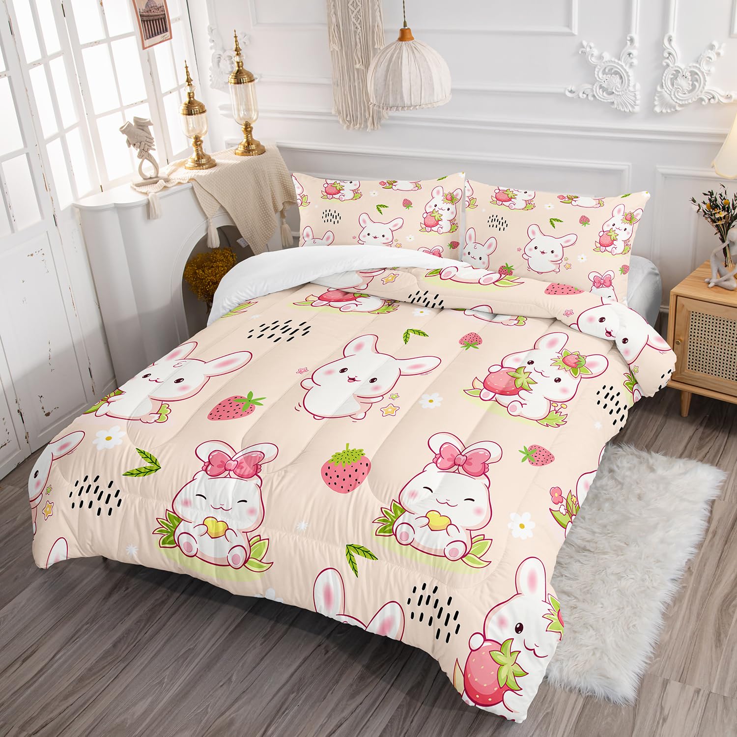 XYNHML Kawaii White Rabbit Comforter 3Pcs Full Cartoon Pet Strawberry Bunny Floral Bedding Set for Kid Teen Boy Girl Adult Wildlife Animal Botanical Quilt Bed Decor with 1 Comforter and 2 Pillowcases