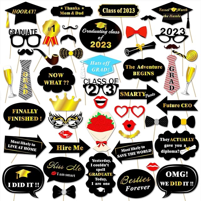 HOWAF 50pcs Graduation Photo Booth Props Class of 2023 Glasses Moustache Mask Red Lips Bow Ties On Sticks for Grad Party Decorations, Graduation Party Favors Supplies