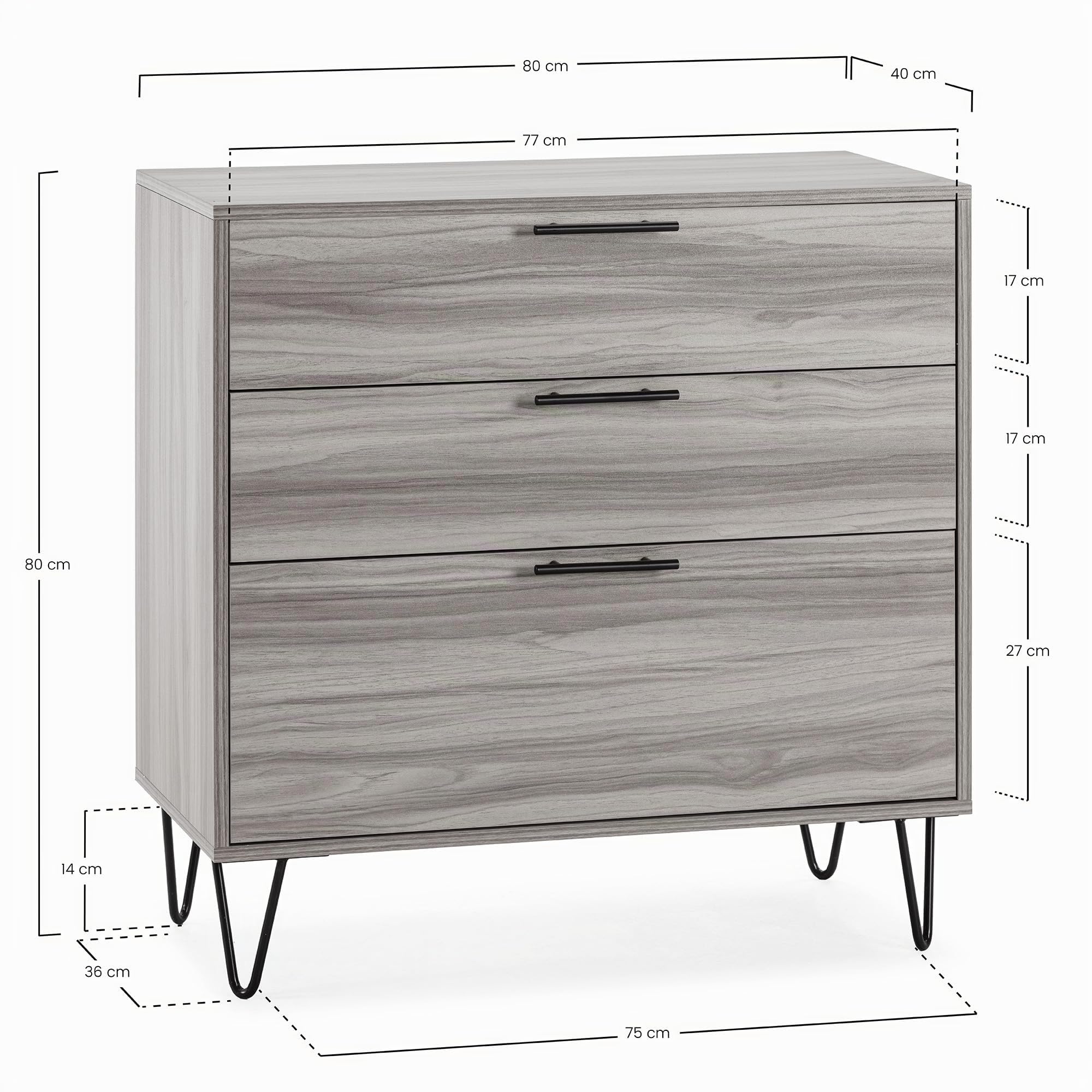 HOMN LIVING Cómoda de Noche Alma 3 cajones Color Madera, pies metálicos, 80 cm (Ancho) 40 cm (Profundo) 80 cm (Altura)