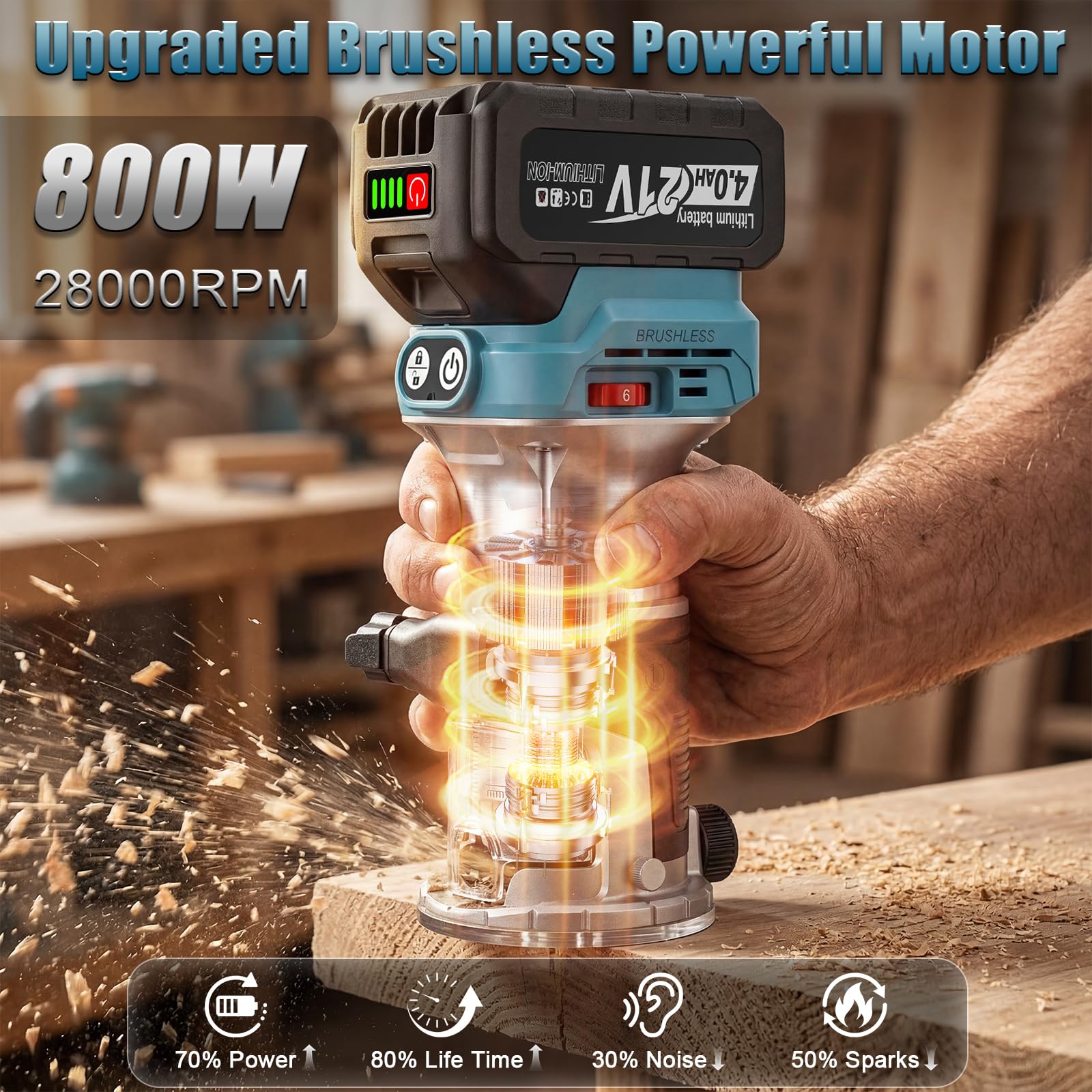 Yofuly Akku Oberfräse Kompatibel mit Makita 18V Akku, 800W Bürstenloser Akku-Kantenfräse Einhandfräse Set, 6 Geschwindigkeit 28000RPM, Aluminum Holzfräser für Holz (Ohne Batterien)