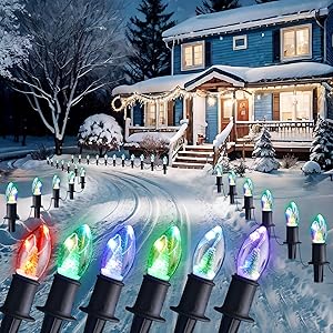 24Ft Color-Changing C9 Christmas Pathway Lights Outdoor - 20 LED Mini Tree Christmas Lights with 20 Marker Stakes, Plug in Connectable Sidewalk light for Driveway, Walkway, Yard Decorations Xmas Decor