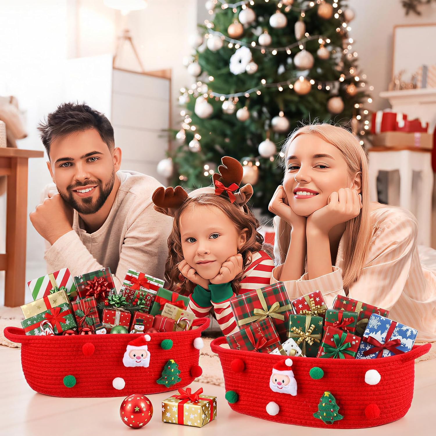 3 Pack Christmas Gift Basket Empty 15 x 9.9 x 5.1 Inch Santa Red Christmas Storage Bin with Handles, Woven Cotton Rope Basket for Gifts Holiday Treats Party Supplies, Home Xmas Decorations