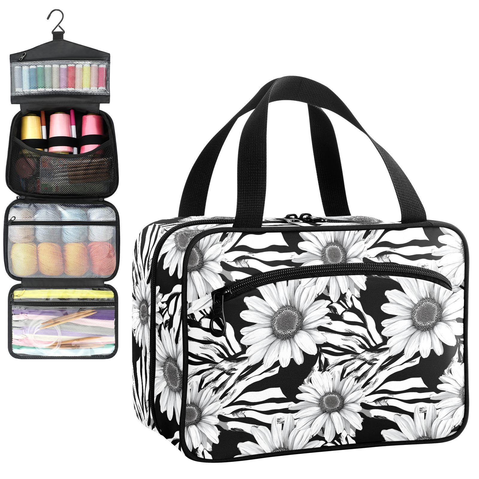 YNNALE Sewing Supply Organizer Bag, Black and White Zebra Striped Sunflower Portable Sewing Bags with Pockets&Hanger, Sewing Storage Box Case for Sew Supplies/Kit/Tools/Accessories (BAG ONLY)