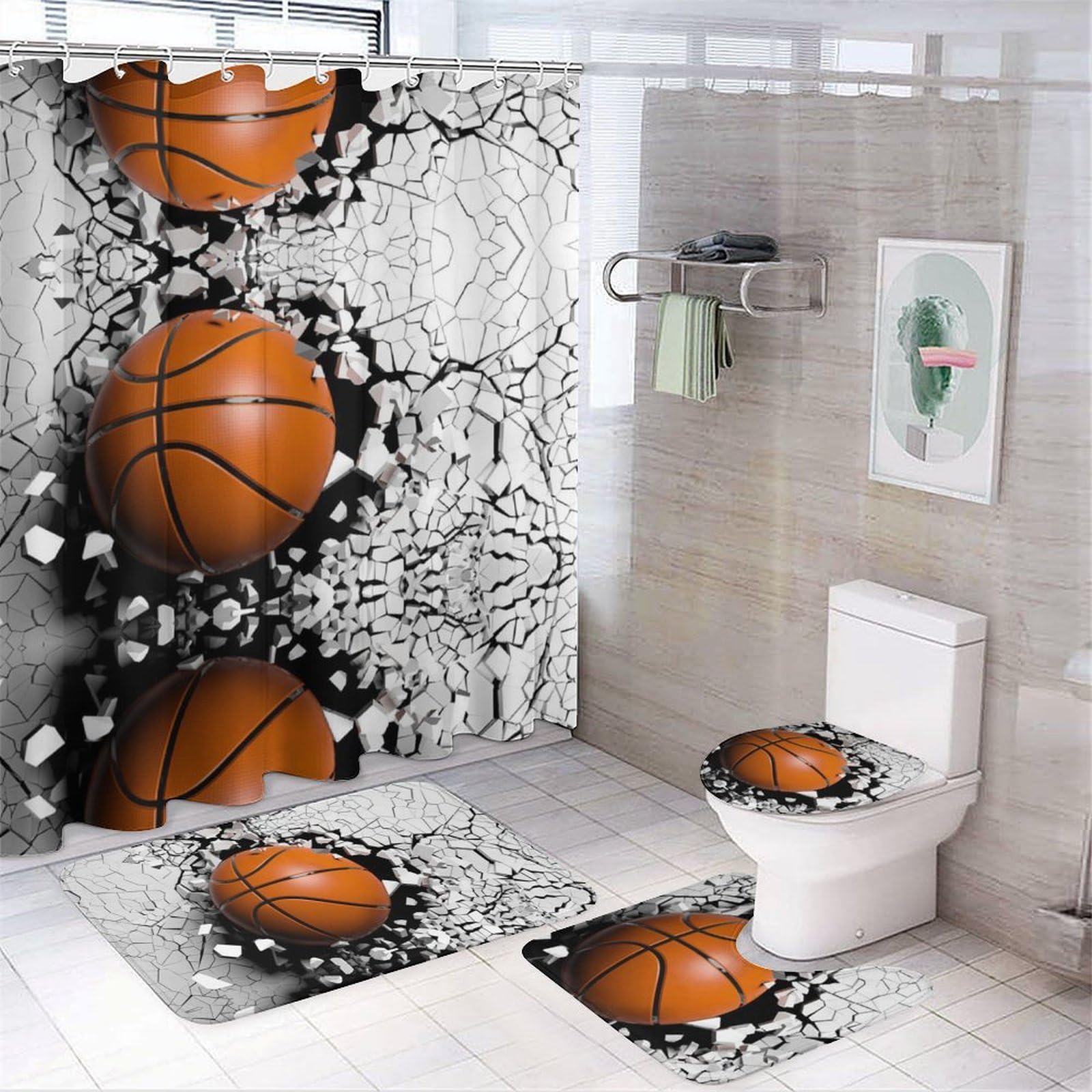 JZemdybill Bathroom Mat Set 4 Piece, Basketball Shower Curtain with Non-Slip Bath Mats for Bathroom