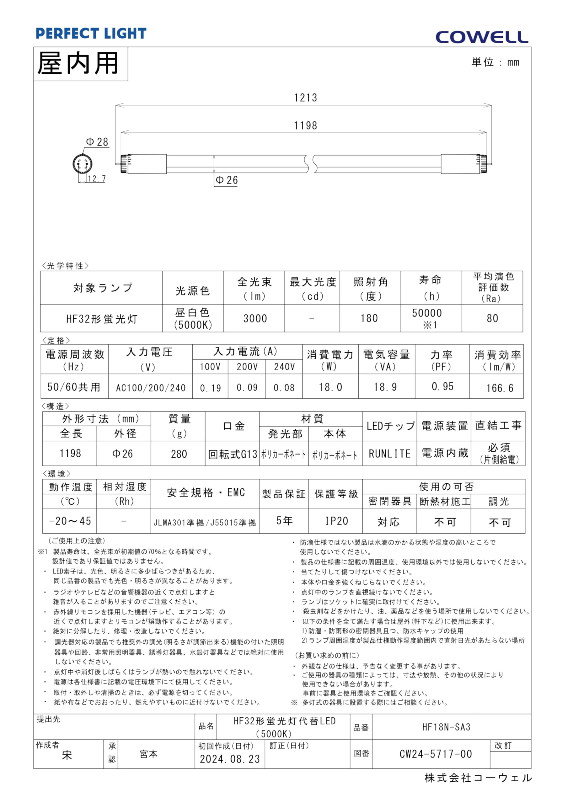 Amazon | コーウェル 直管形LEDランプ HF32形 片側給電 G13 昼白色