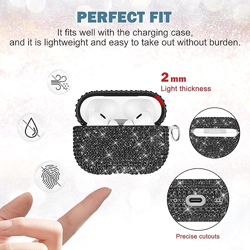 Miniatura 4 de Funda para AirPods Pro de 2 generación, funda de lujo con diamantes de imitación brillantes con llavero para mujeres y niñas, anti-pérdida de