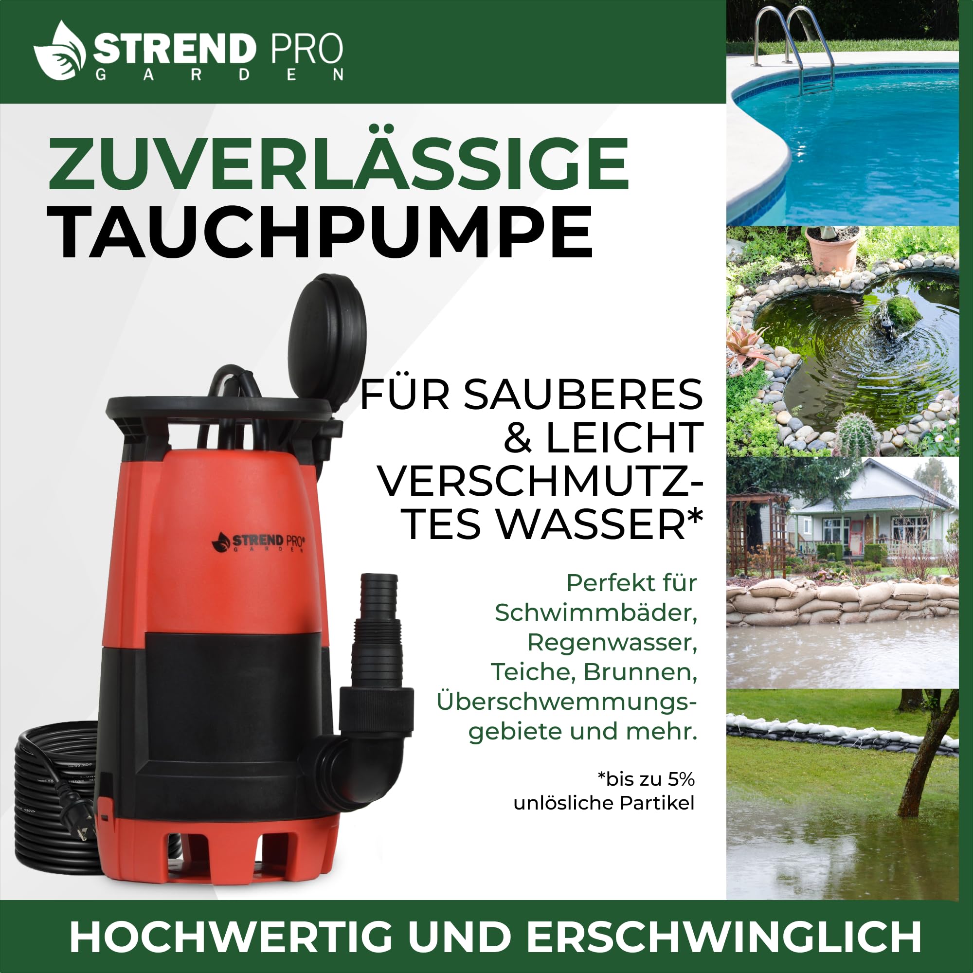 STREND PRO Tauchpumpe MC900E | FLACHSAUGEND ab 1mm | mit SCHWIMMERM | 900W, 18000 l/h | Wasserpumpe | KLARES UND TRÜBES WASSER aus Schwimmbädern, Stauseen, Brunnen, Schächten | Schmutzwasserpumpe