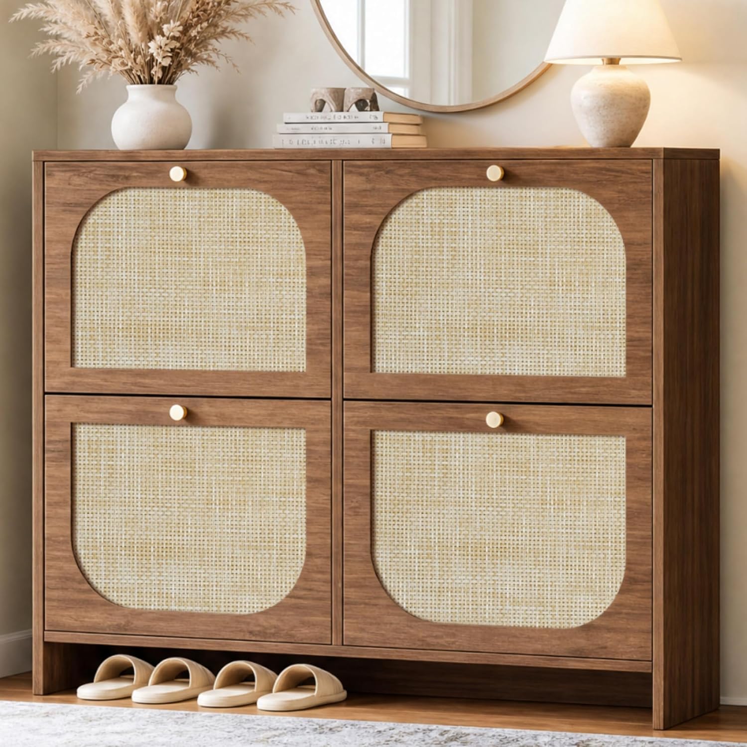 Nicetree Freestanding Ultra Slim Arched Accent Entryway Shoe Storage - 4 Flip Drawers & 3-Tier Adjustable Shelves, Modern Slim Shoe Cabinet for Hallway, Foyer (flip Down Shoe Cabinet | Amber Oak)