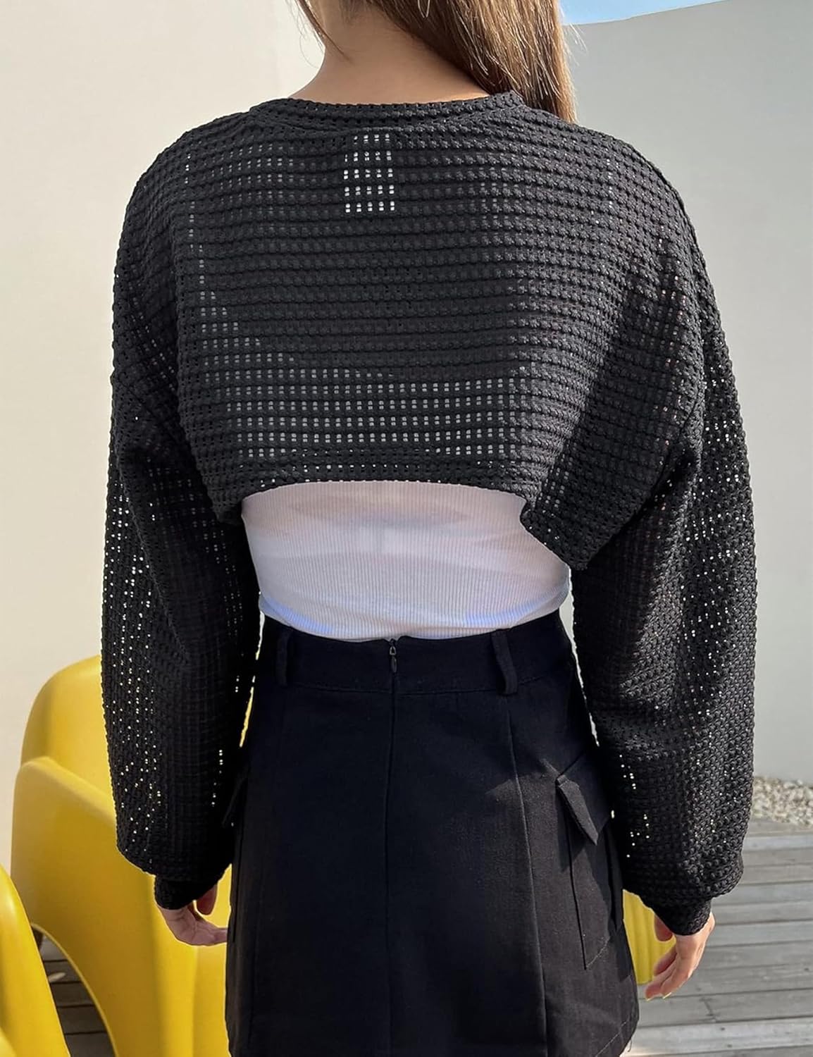 Women's Knitted Crop Top Long Sleeve Hollow Out Shrug Sweater Y2K Knit Cover Up Tops - Image 6