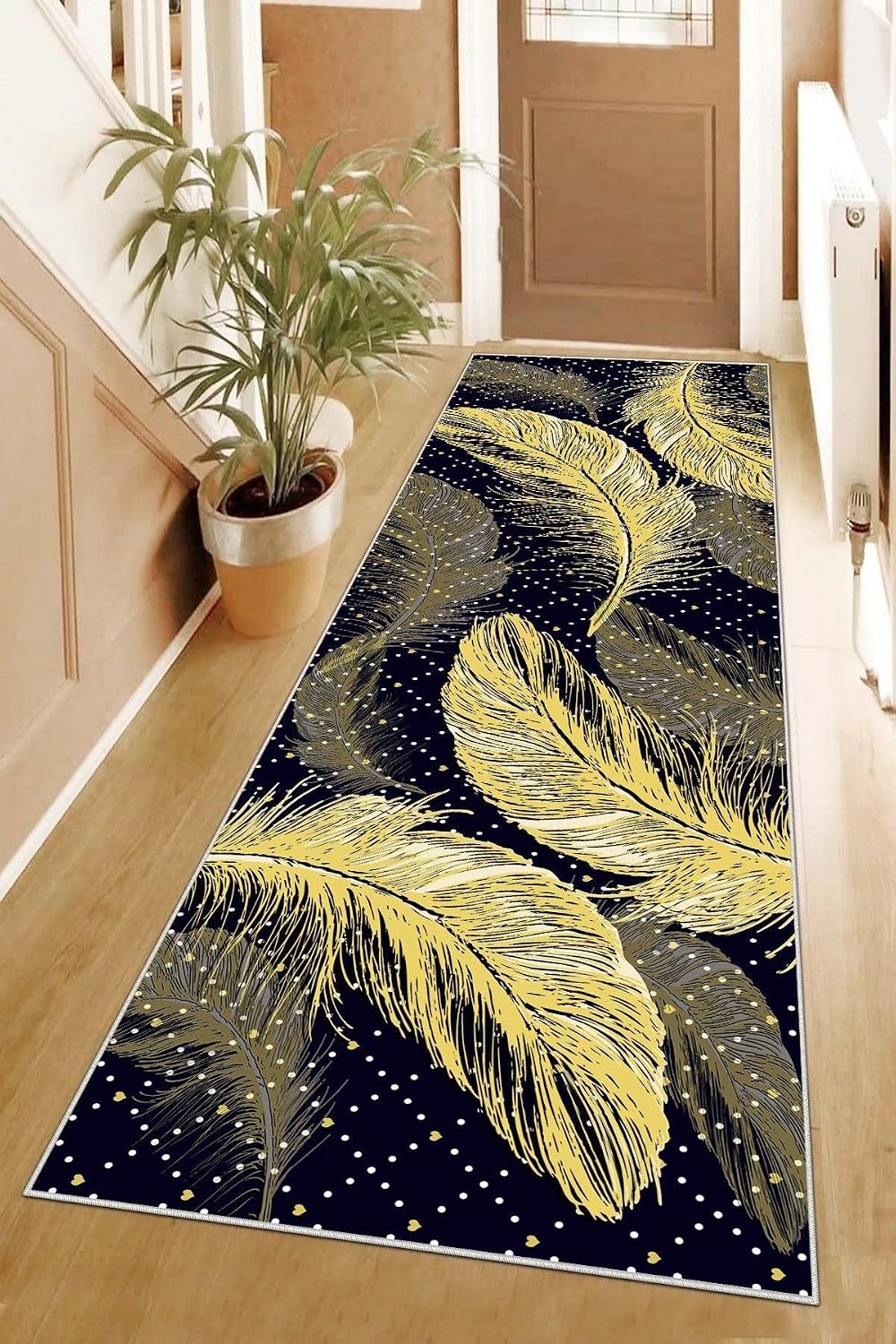 Pelangi Kuş Tüyü Desenli Gold Geometrik Dijital Baskı Yıkanabilir Modern Salon Halı ve Yolluk, Kahverengi 80 x 300, 95559650803007