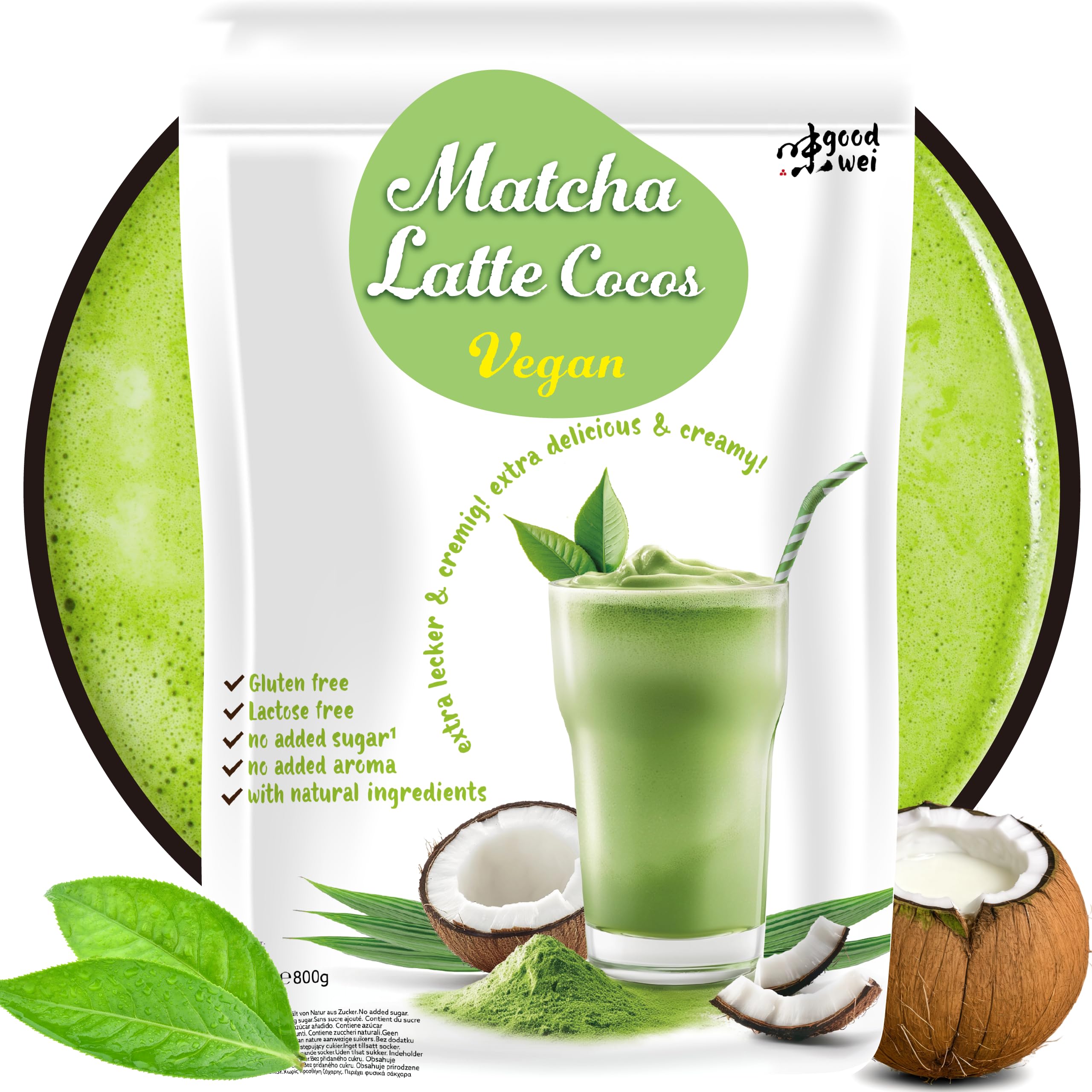 Matcha Coco Latte Mix | Matcha & Cocco | Leggermente dolcificato con stevia (0,1%) | Senza latte né additivi | Dosaggio libero & preparazione con acqua (800g)
