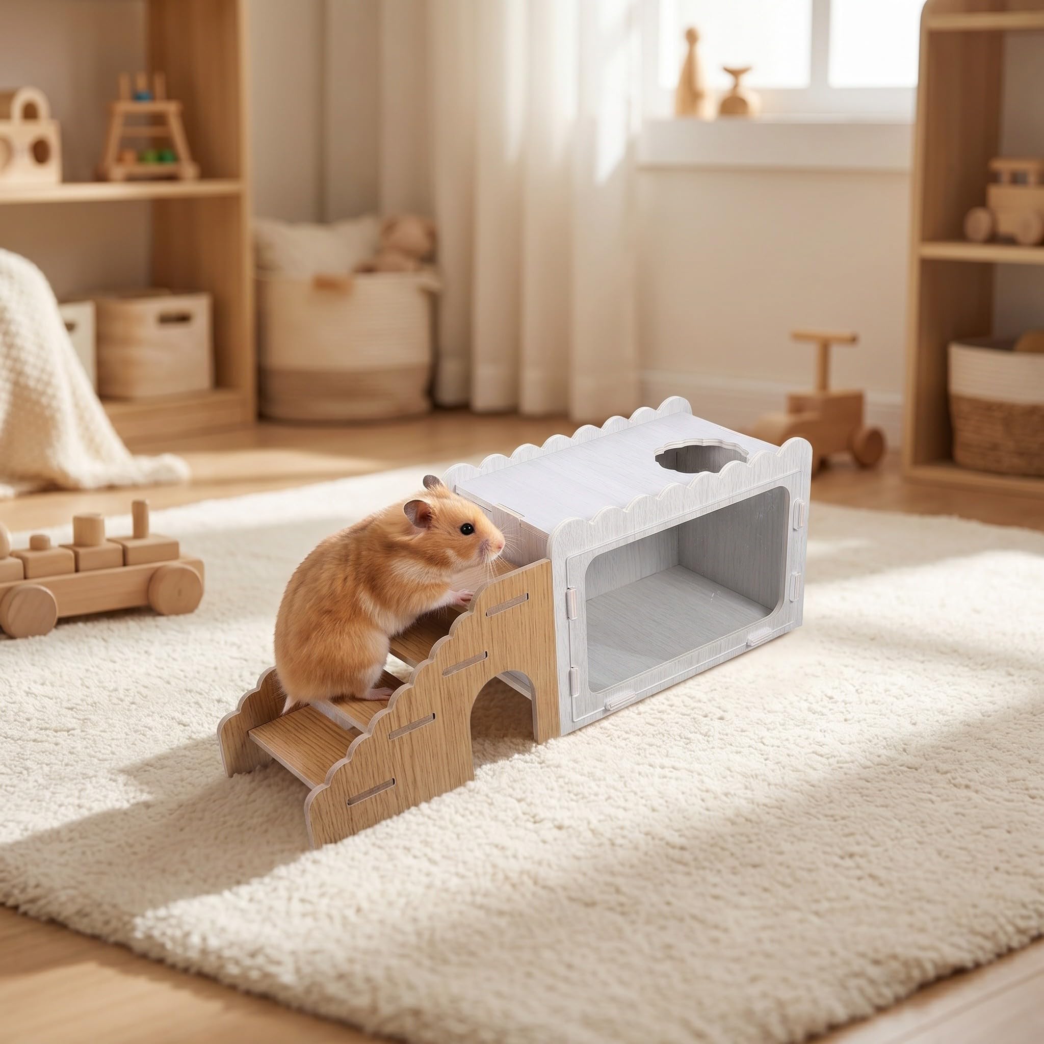 Operitacx Hamster-Versteck mit Kletterleiter, Holzhaus zum Schlafen und Spielen für Hamster, zweistöckiges Kleintierhaus für Rennmäuse, Mäuse und Ratten